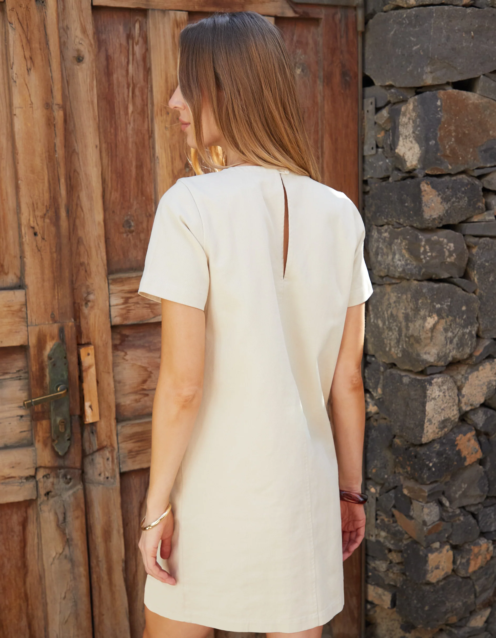 Short Sleeve Braid Detail Denim Mini Dress in Ecru - Image 4