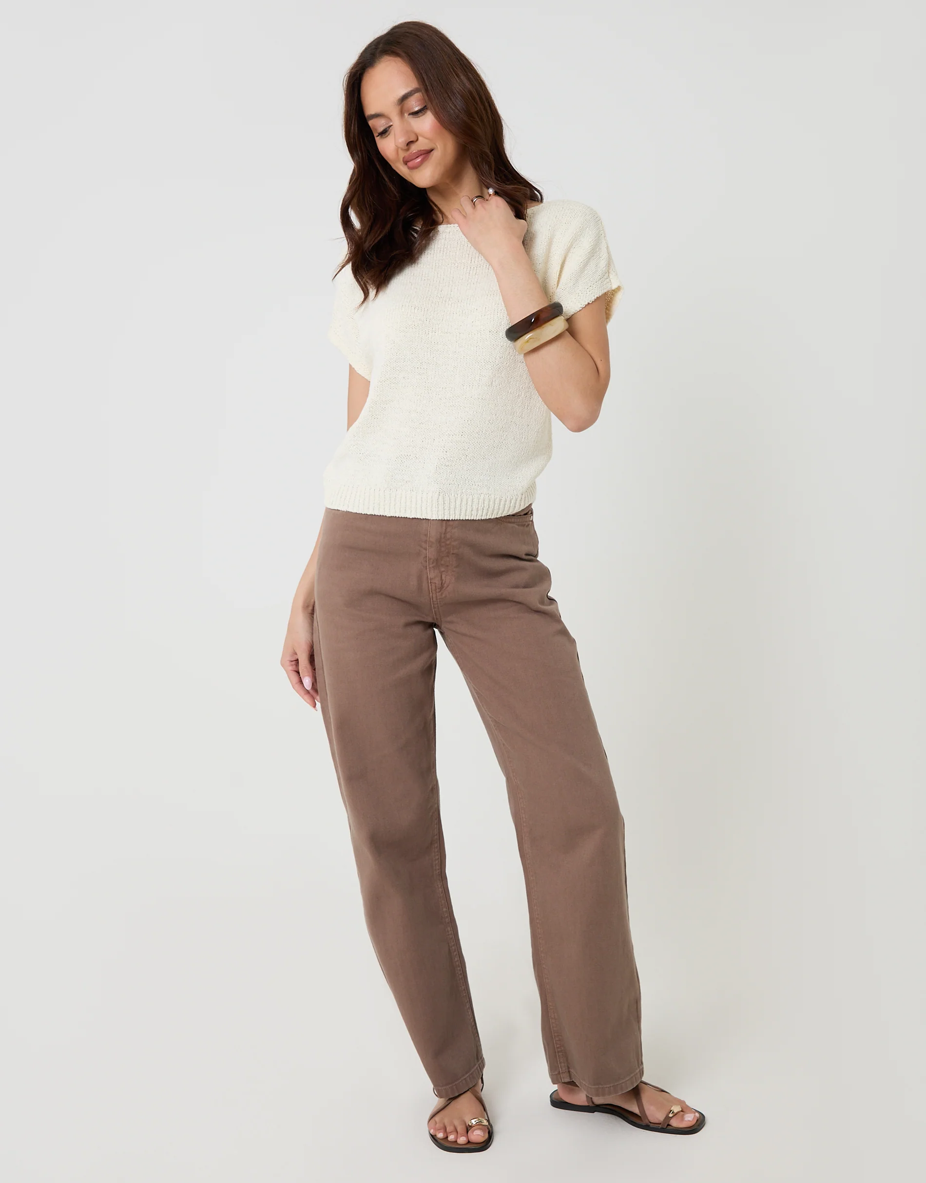 Slash Neck Short Sleeve Jumper in Ecru - Image 3