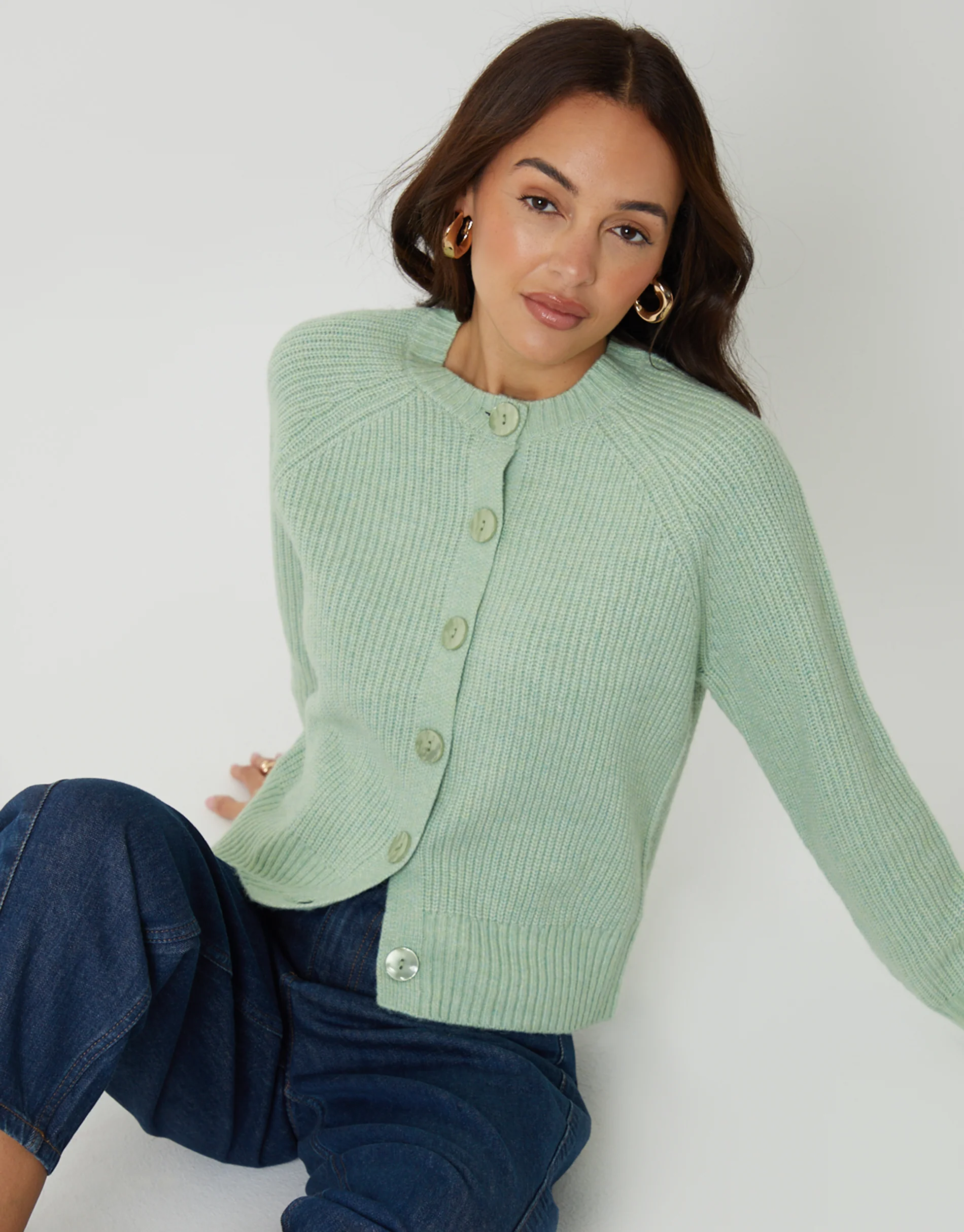 Chunky Knit Button Up Cardigan in Green