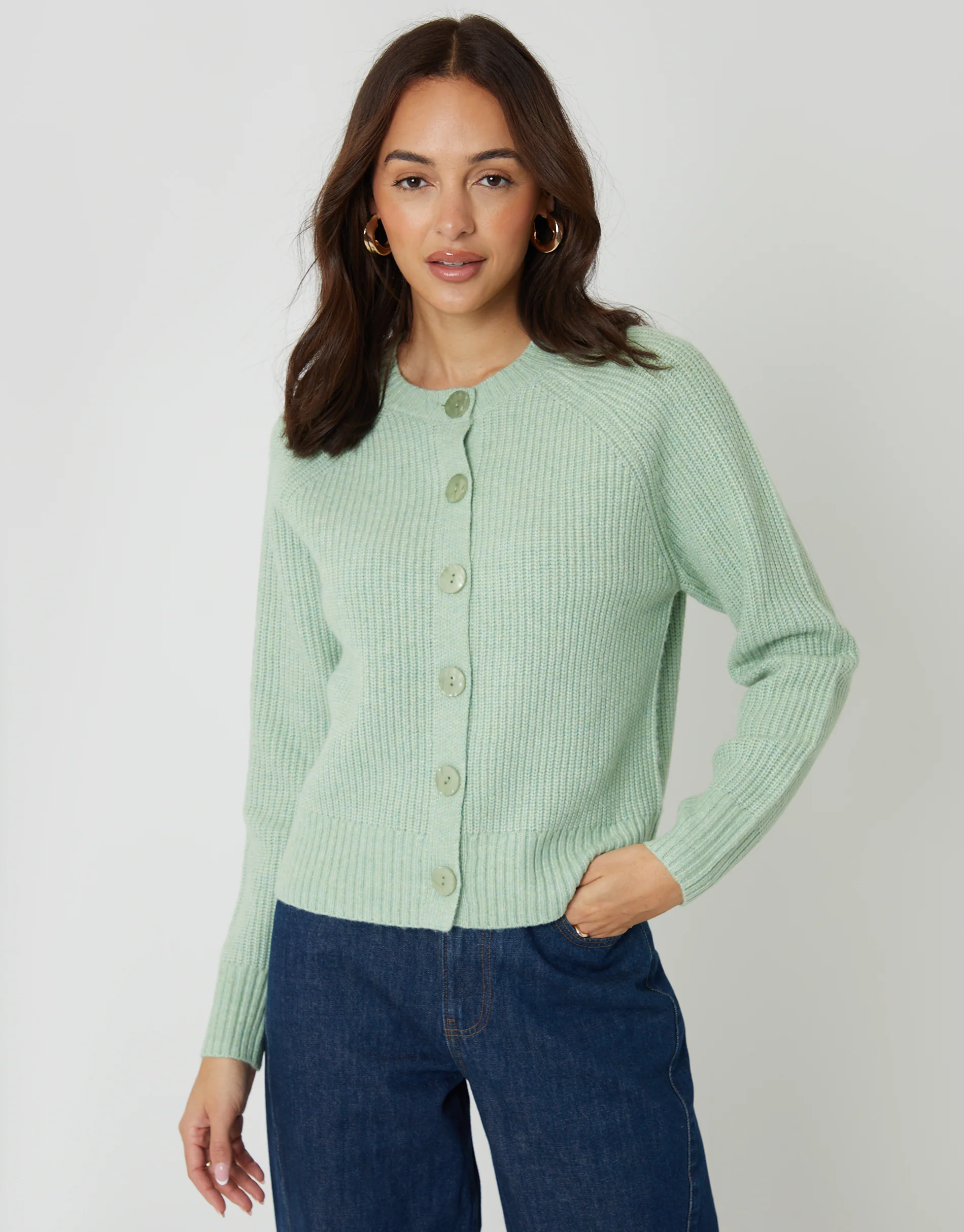 Chunky Knit Button Up Cardigan in Green - Image 5