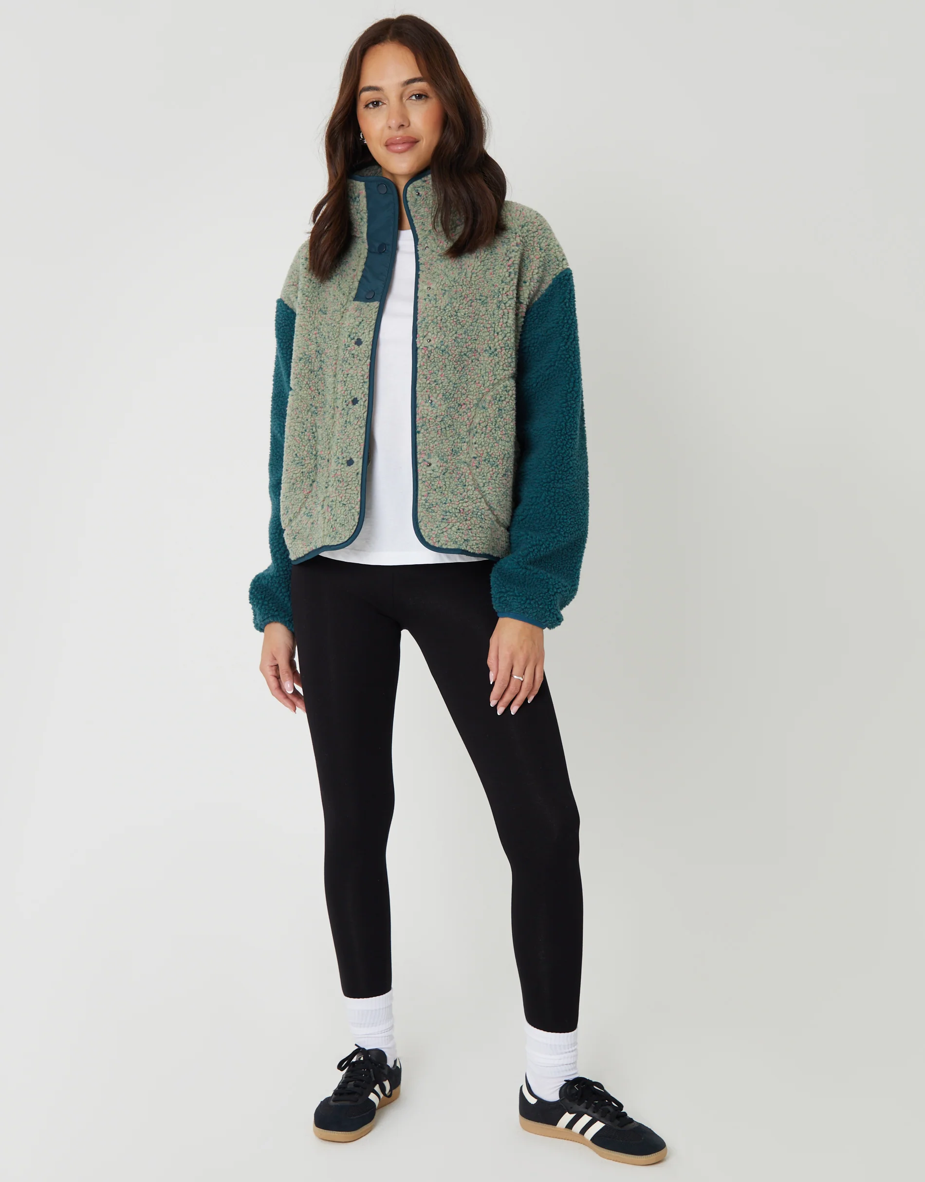 Colourblock Snap Borg Fleece in Green - Image 3