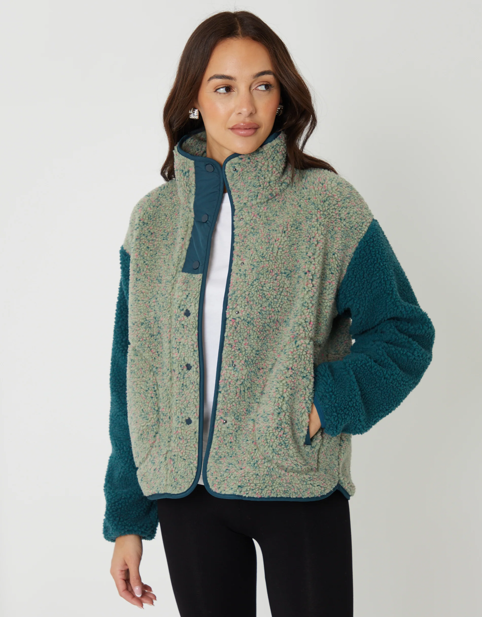 Colourblock Snap Borg Fleece in Green - Image 4