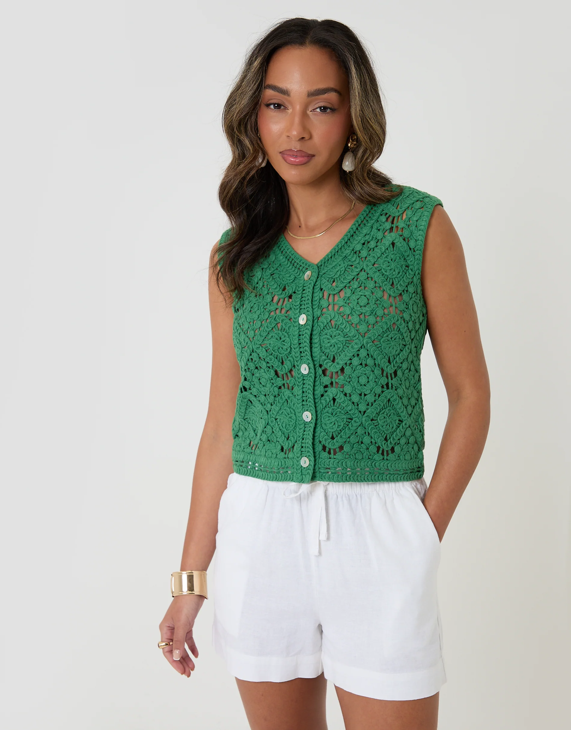 Crochet Button Up Vest in Green