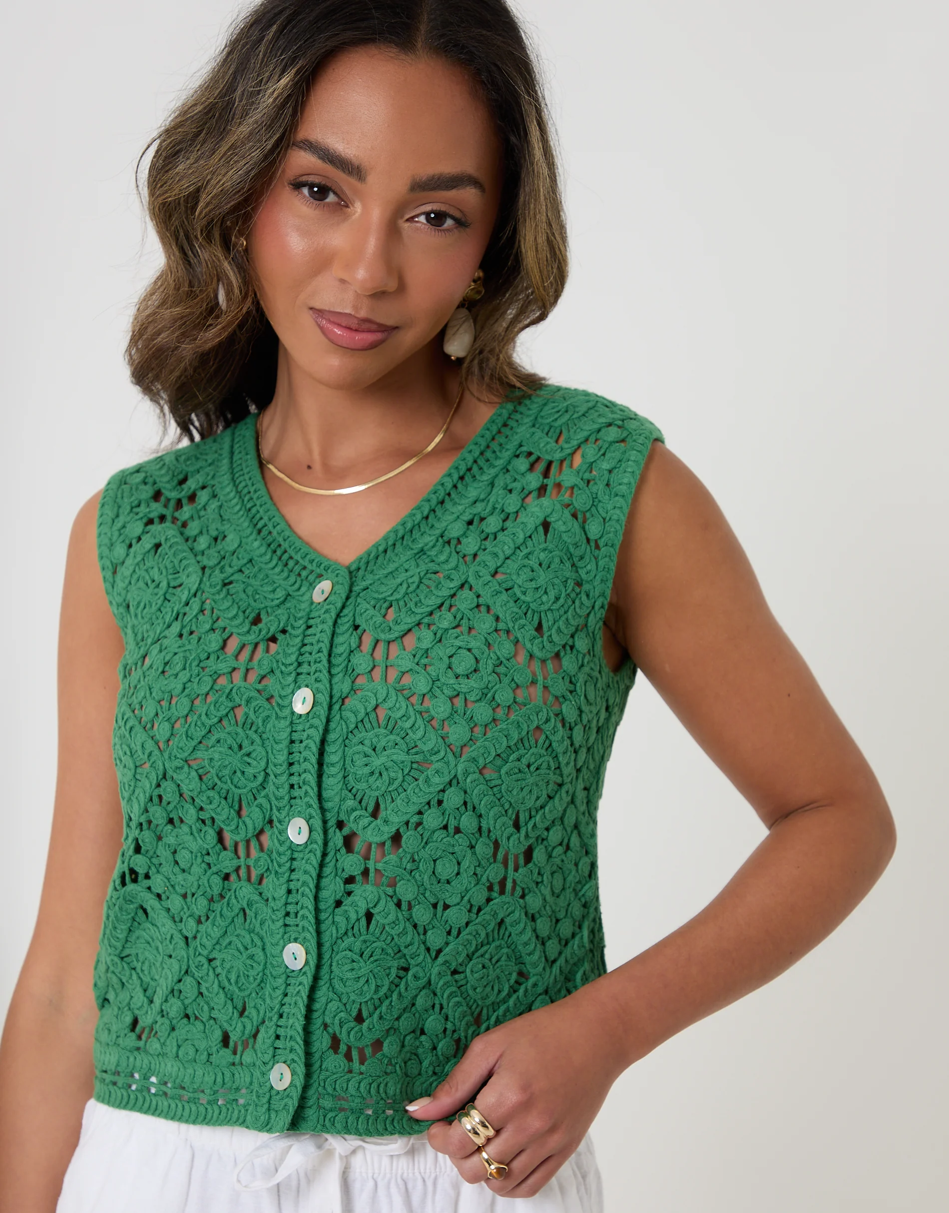 Crochet Button Up Vest in Green - Image 4