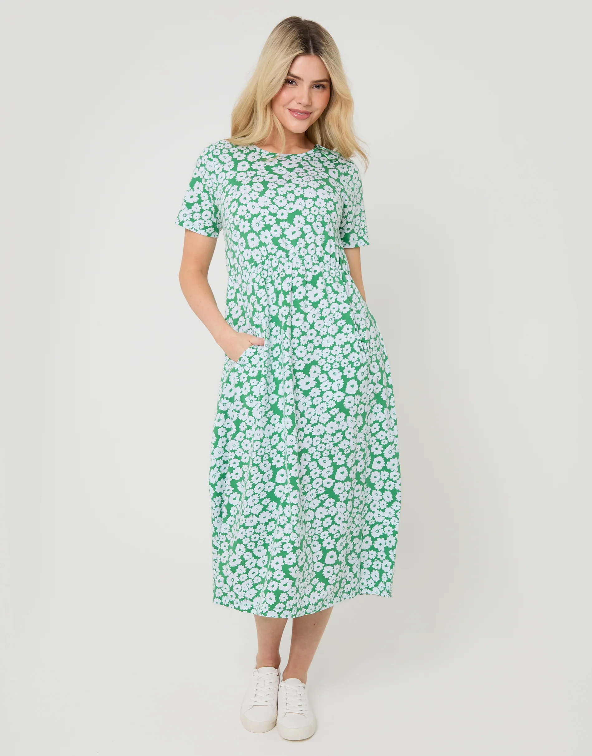 Jersey Midi Smock Dress with Pockets in Green Floral