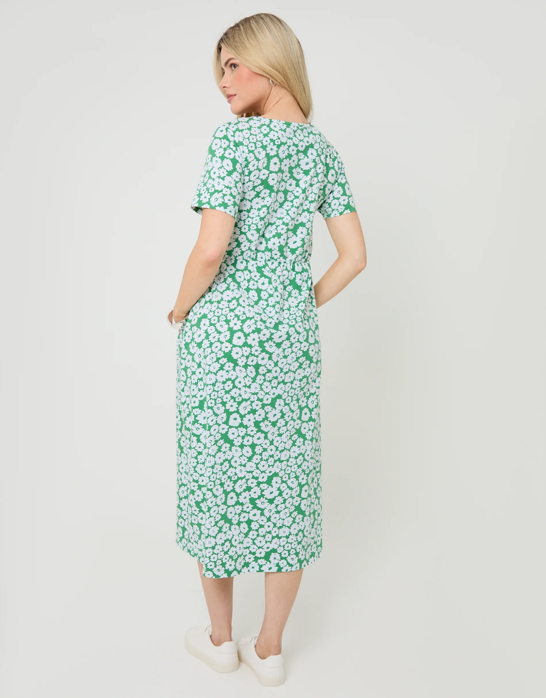 Jersey Midi Smock Dress with Pockets in Green Floral - Image 2