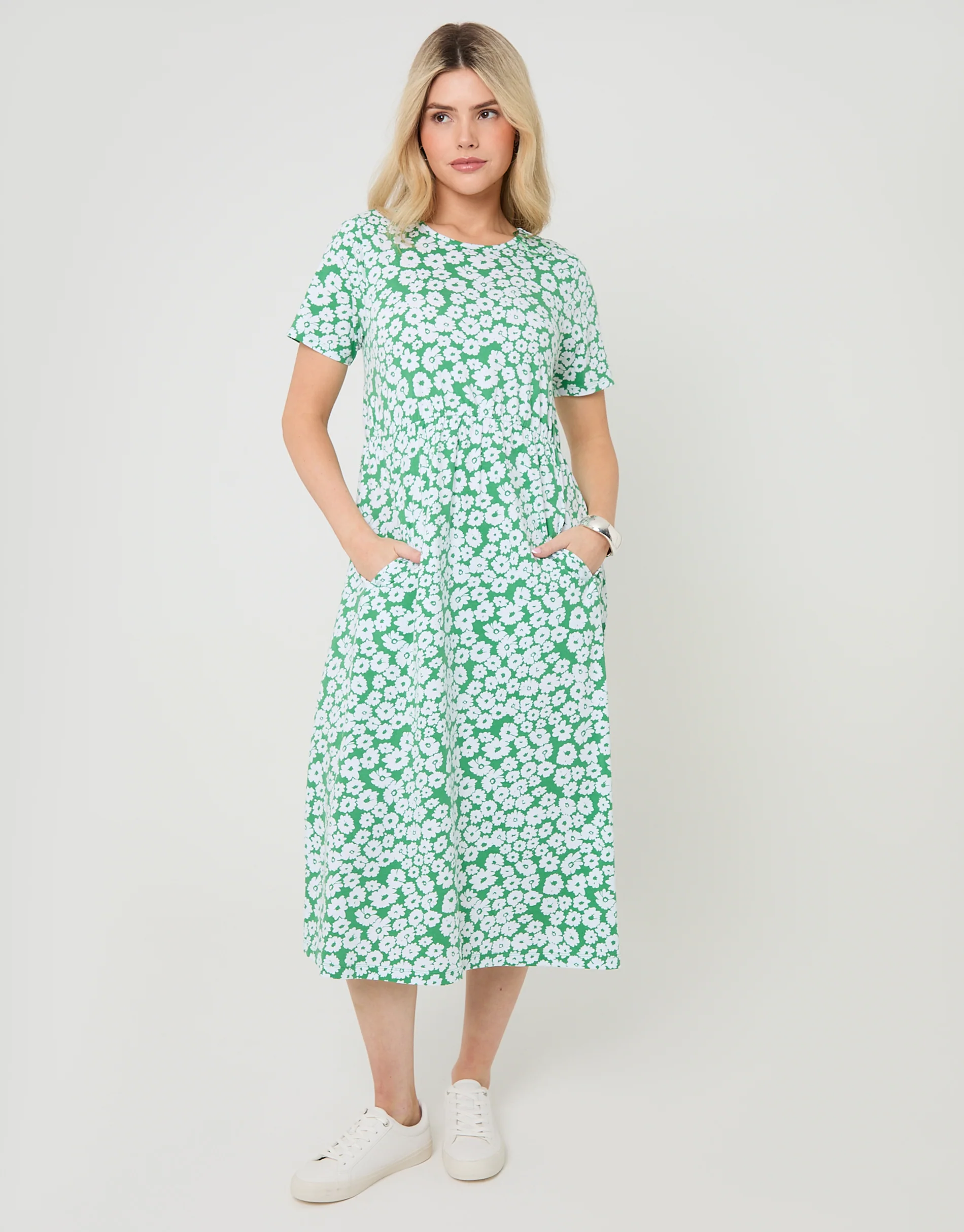 Jersey Midi Smock Dress with Pockets in Green Floral - Image 3