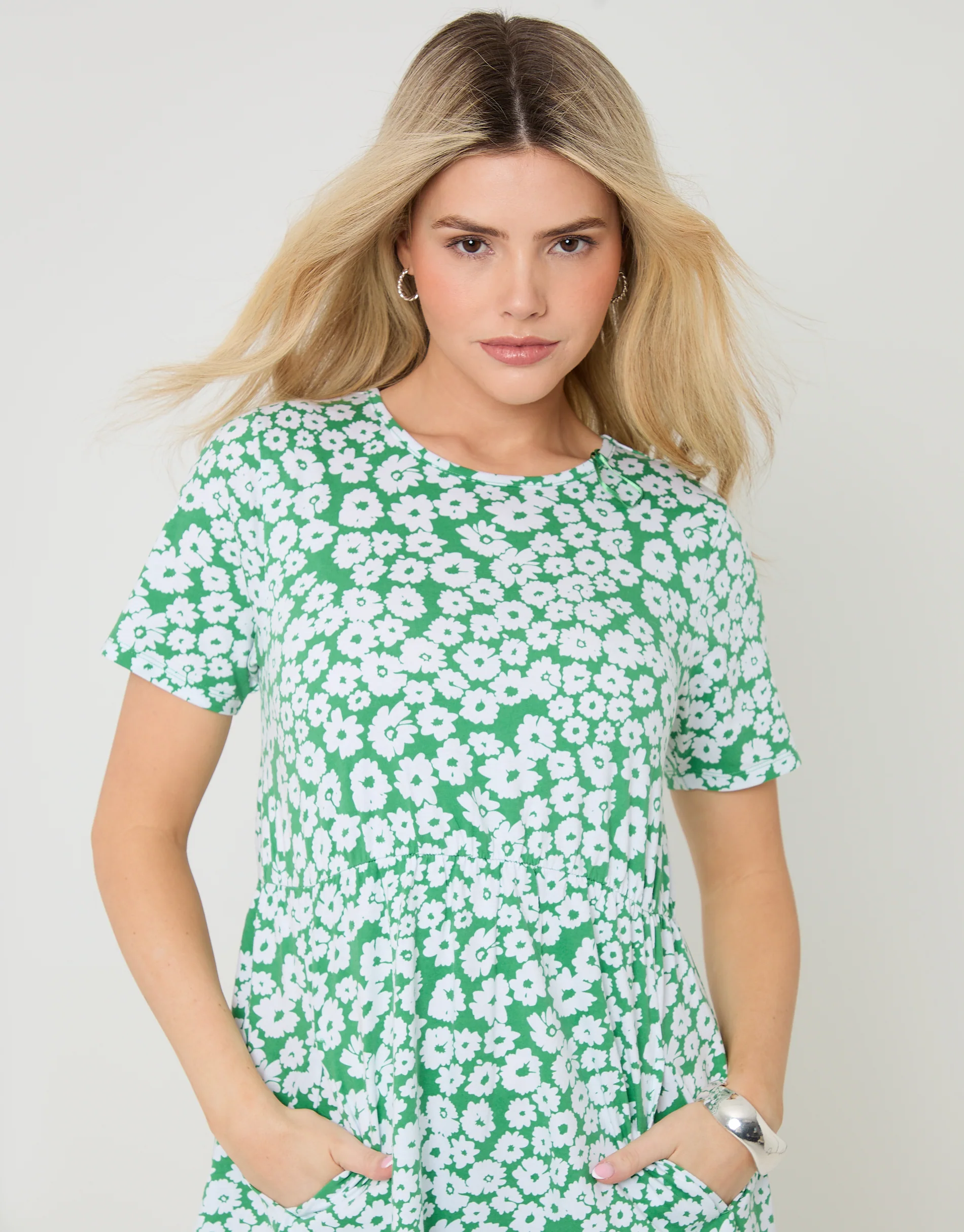 Jersey Midi Smock Dress with Pockets in Green Floral - Image 4