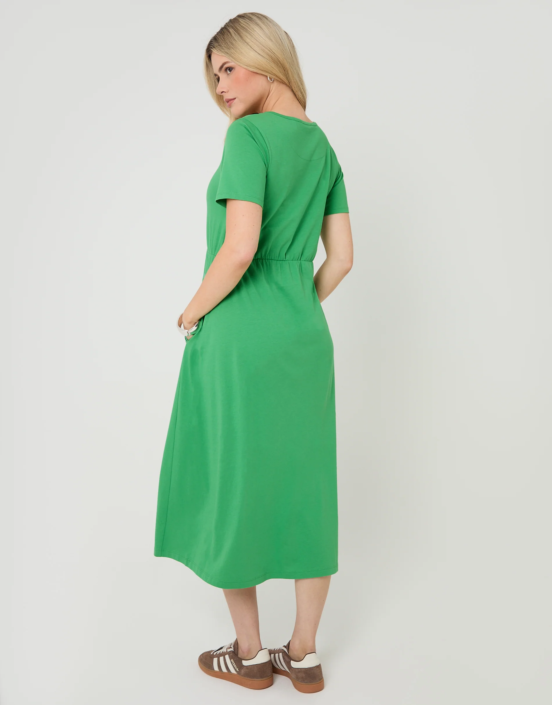 Jersey Midi Smock Dress with Pockets in Green - Image 2