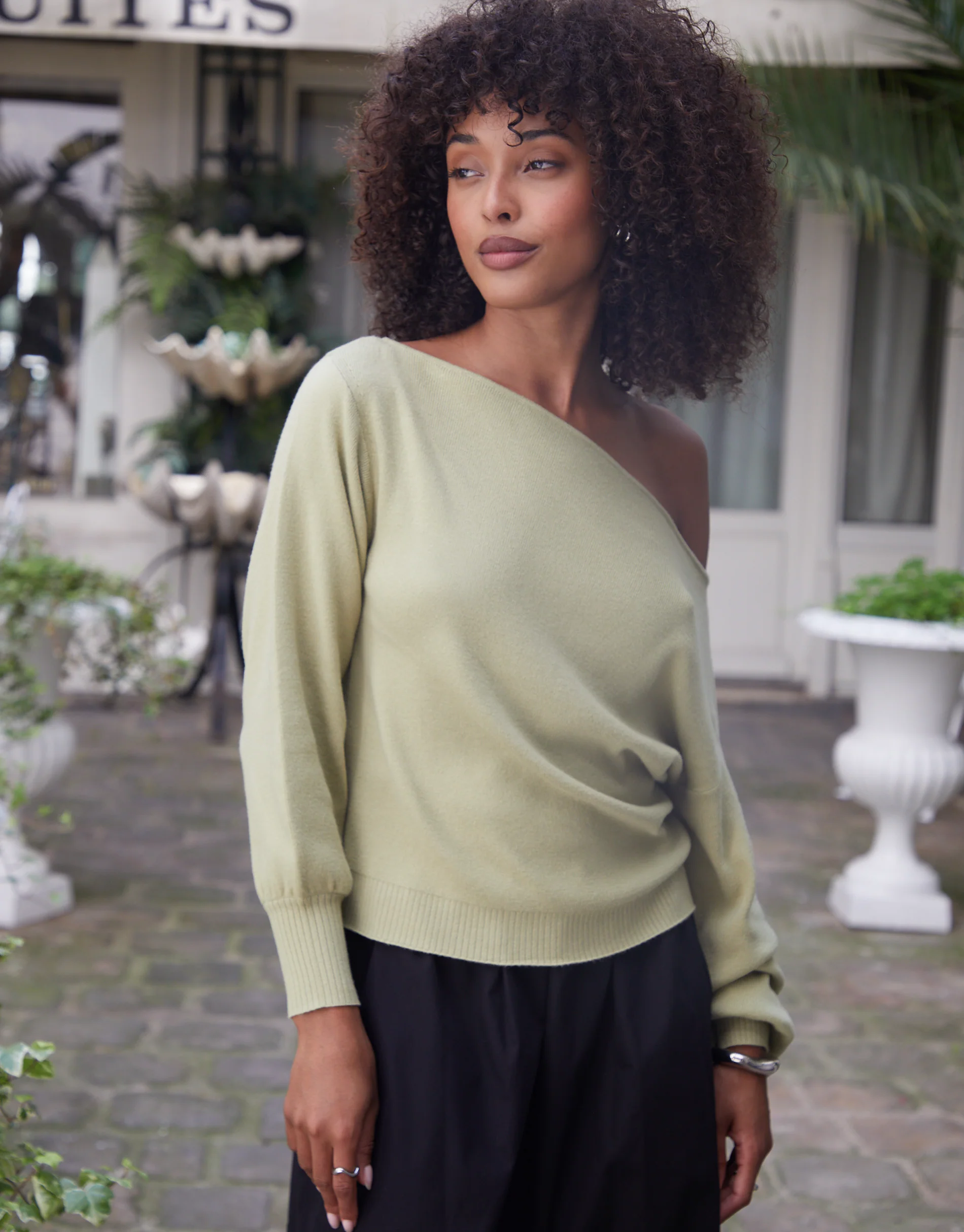 Soft Slash Neck Jumper in Green