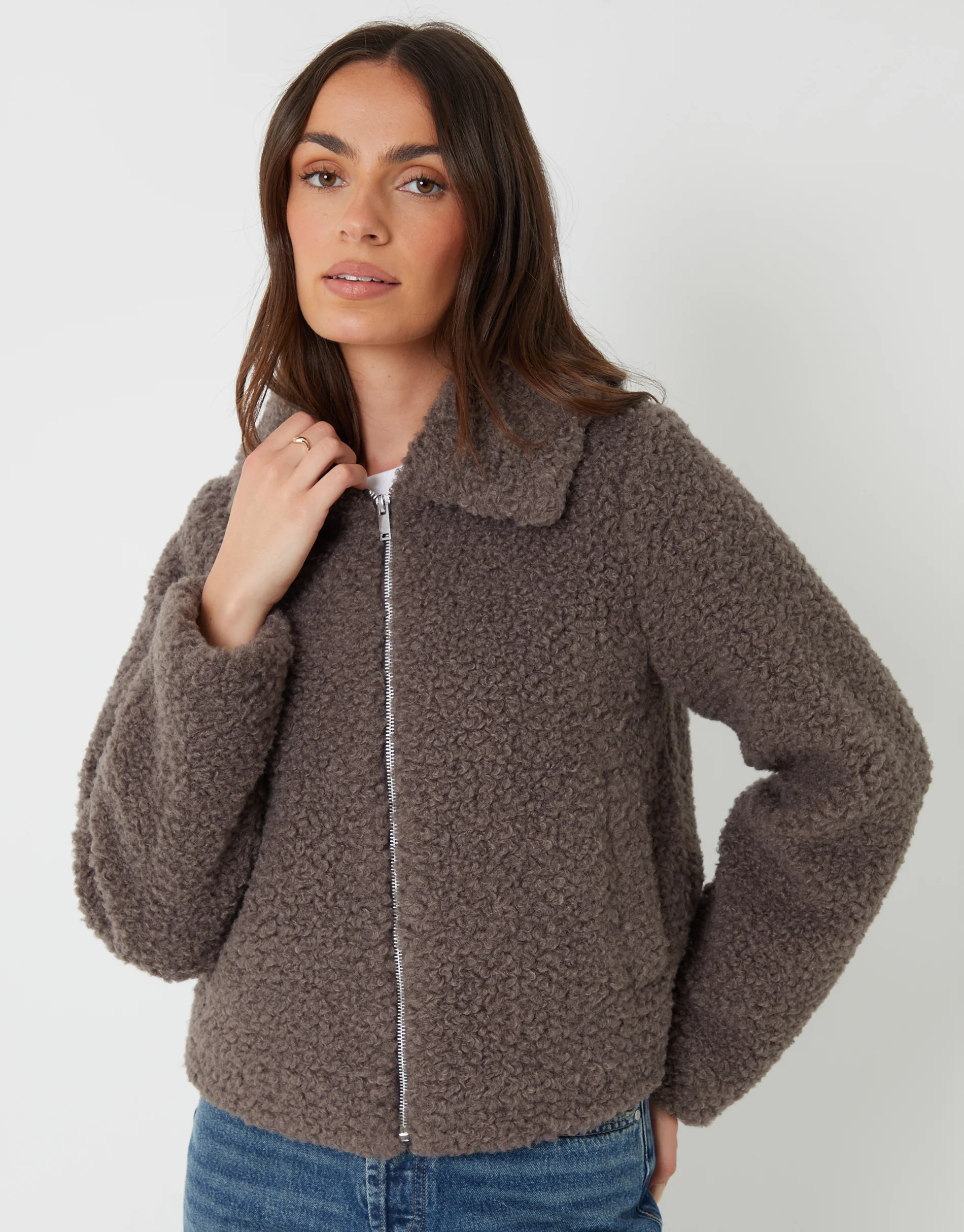 Collared Zip Up Borg Bomber Jacket in Grey - Image 4
