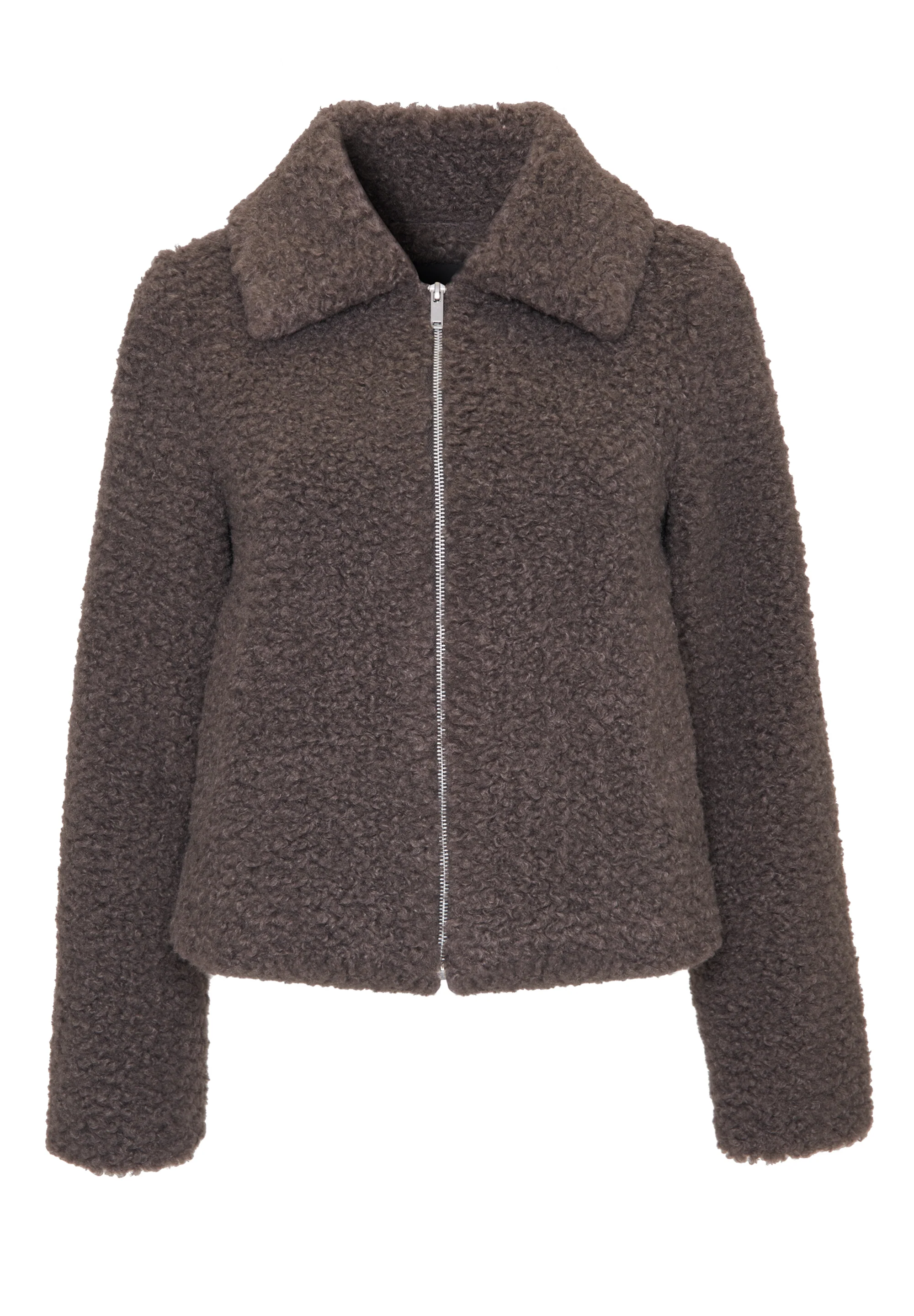 Collared Zip Up Borg Bomber Jacket in Grey - Image 5
