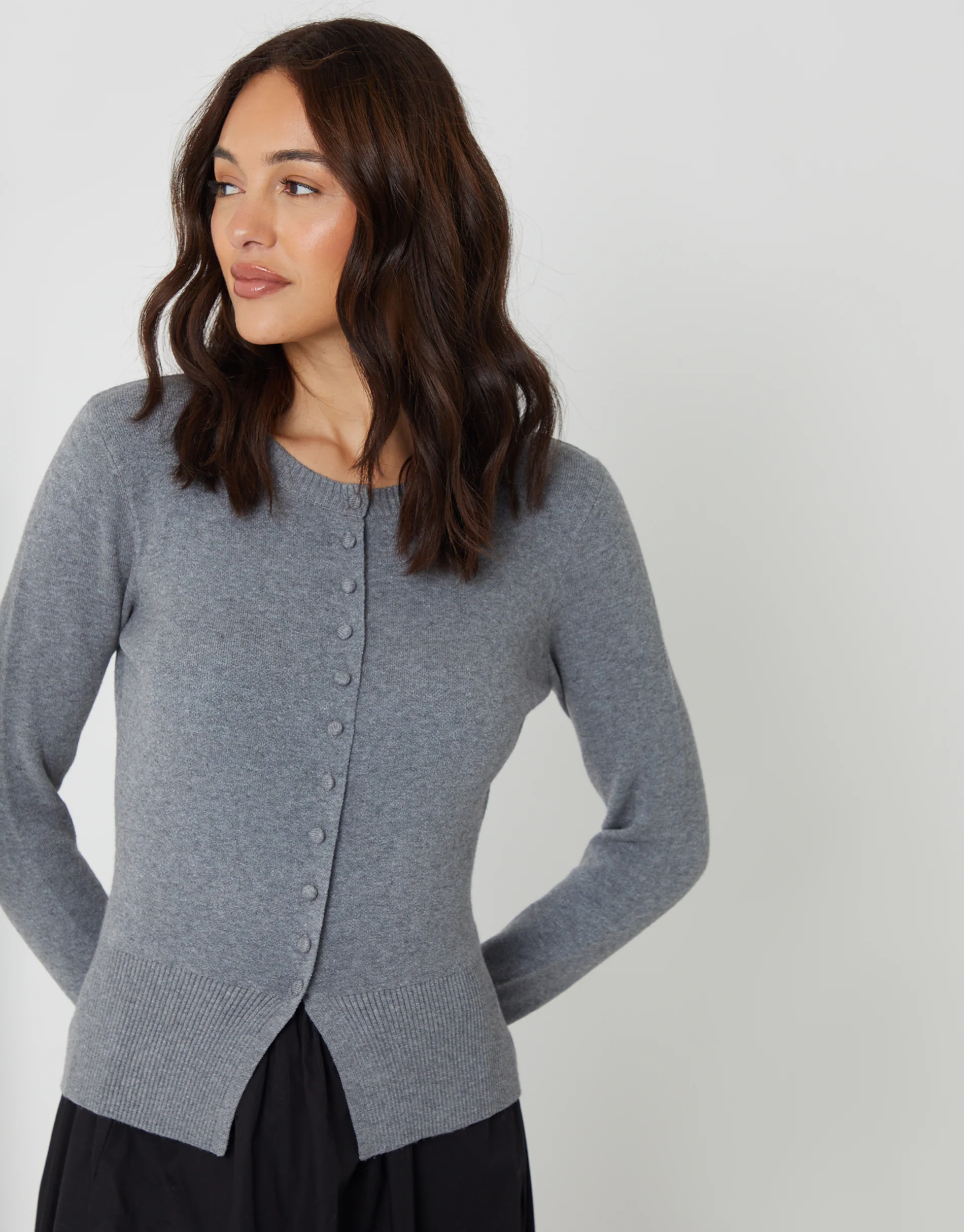 Crew Neck Compact Knitted Cardigan in Grey