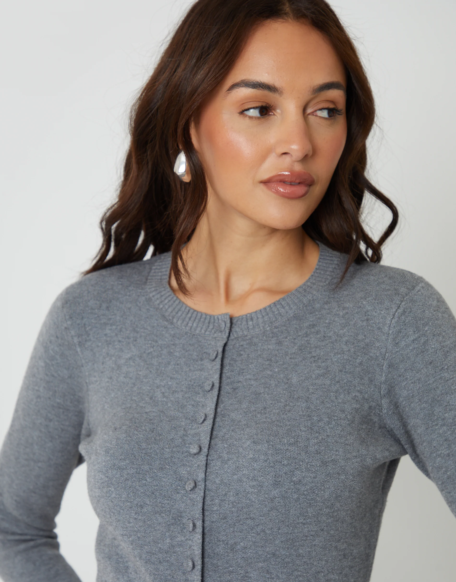 Crew Neck Compact Knitted Cardigan in Grey - Image 2