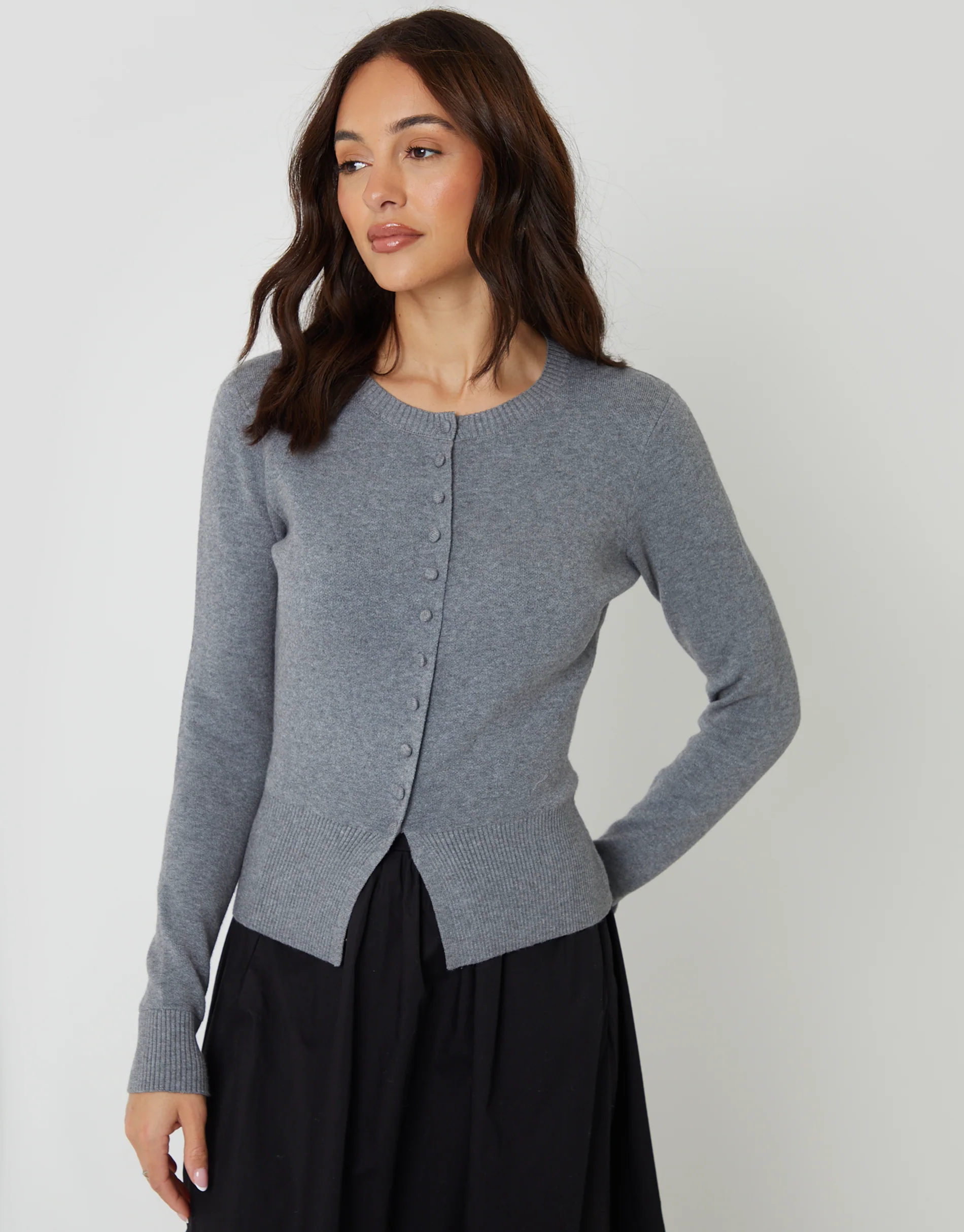 Crew Neck Compact Knitted Cardigan in Grey - Image 5