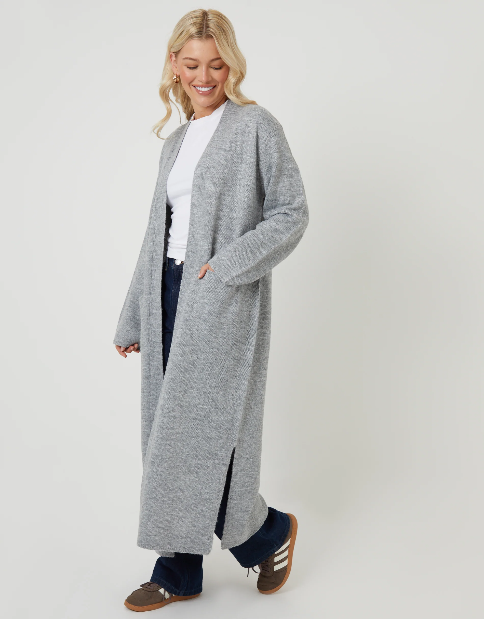 Dropped Shoulder Knitted Coatigan in Grey