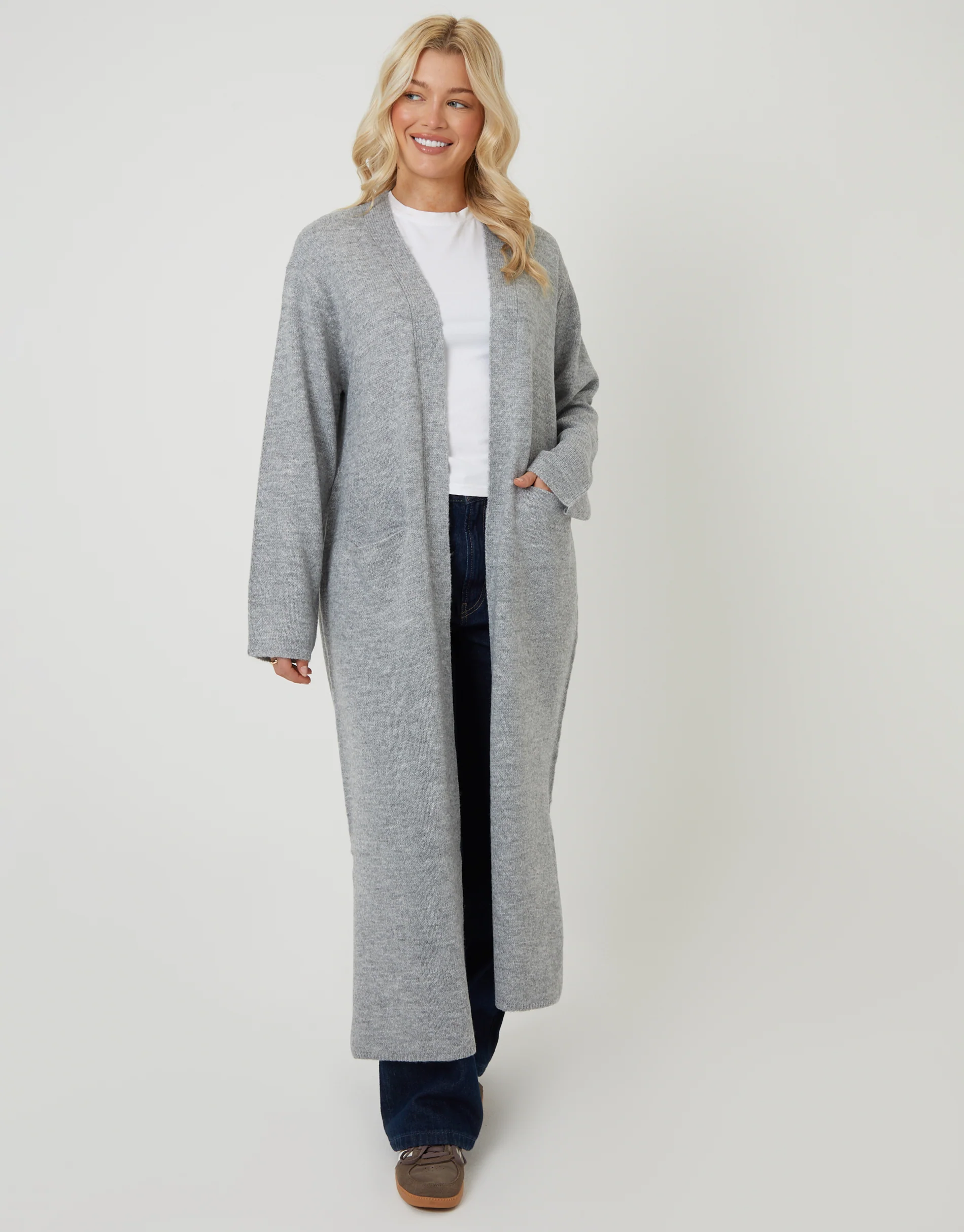 Dropped Shoulder Knitted Coatigan in Grey - Image 3