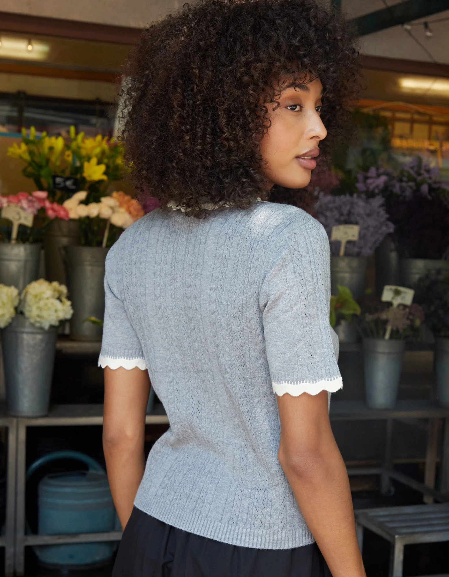 Pointelle Knit Scalloped Polo Collar Top in Grey - Image 2