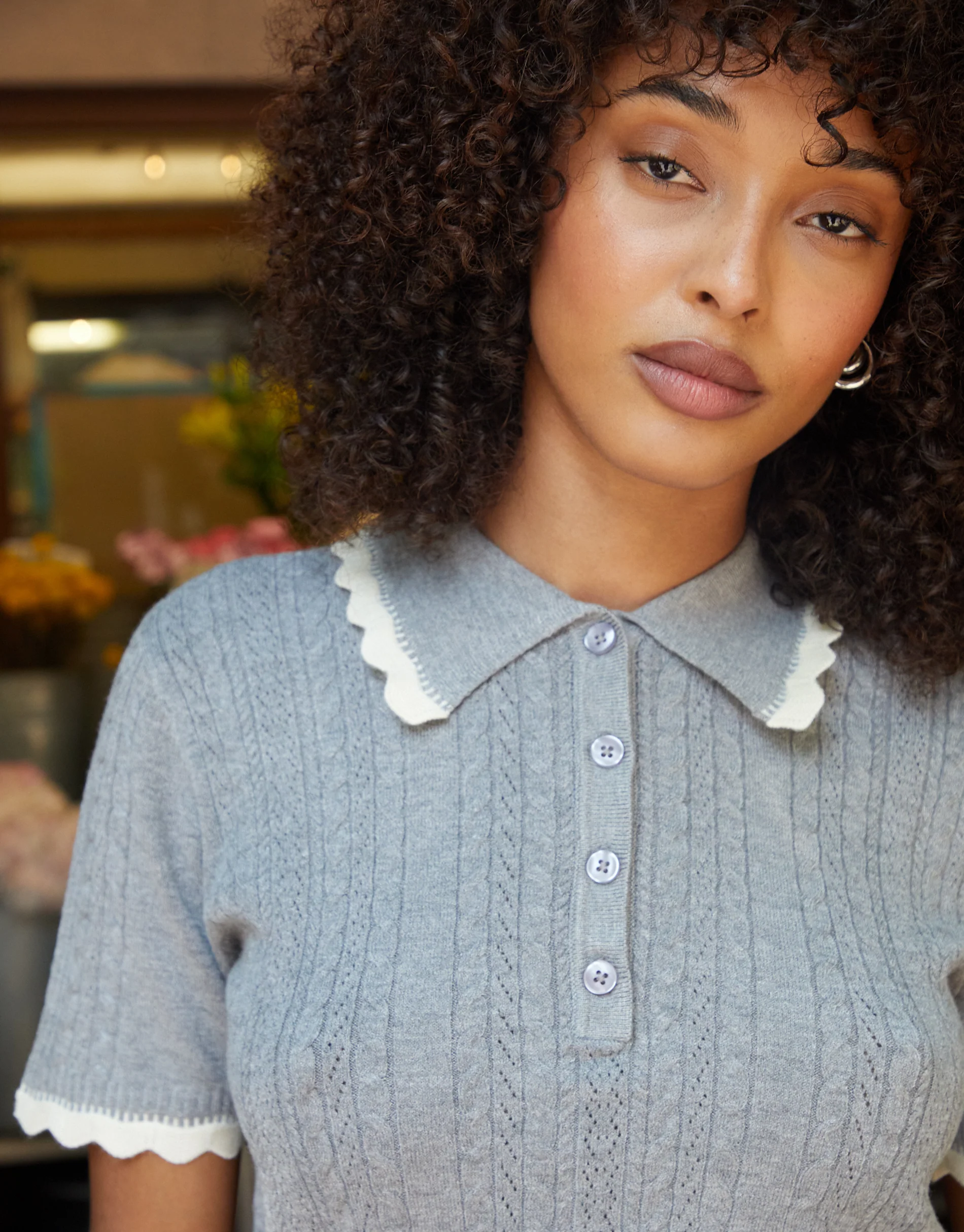 Pointelle Knit Scalloped Polo Collar Top in Grey - Image 3