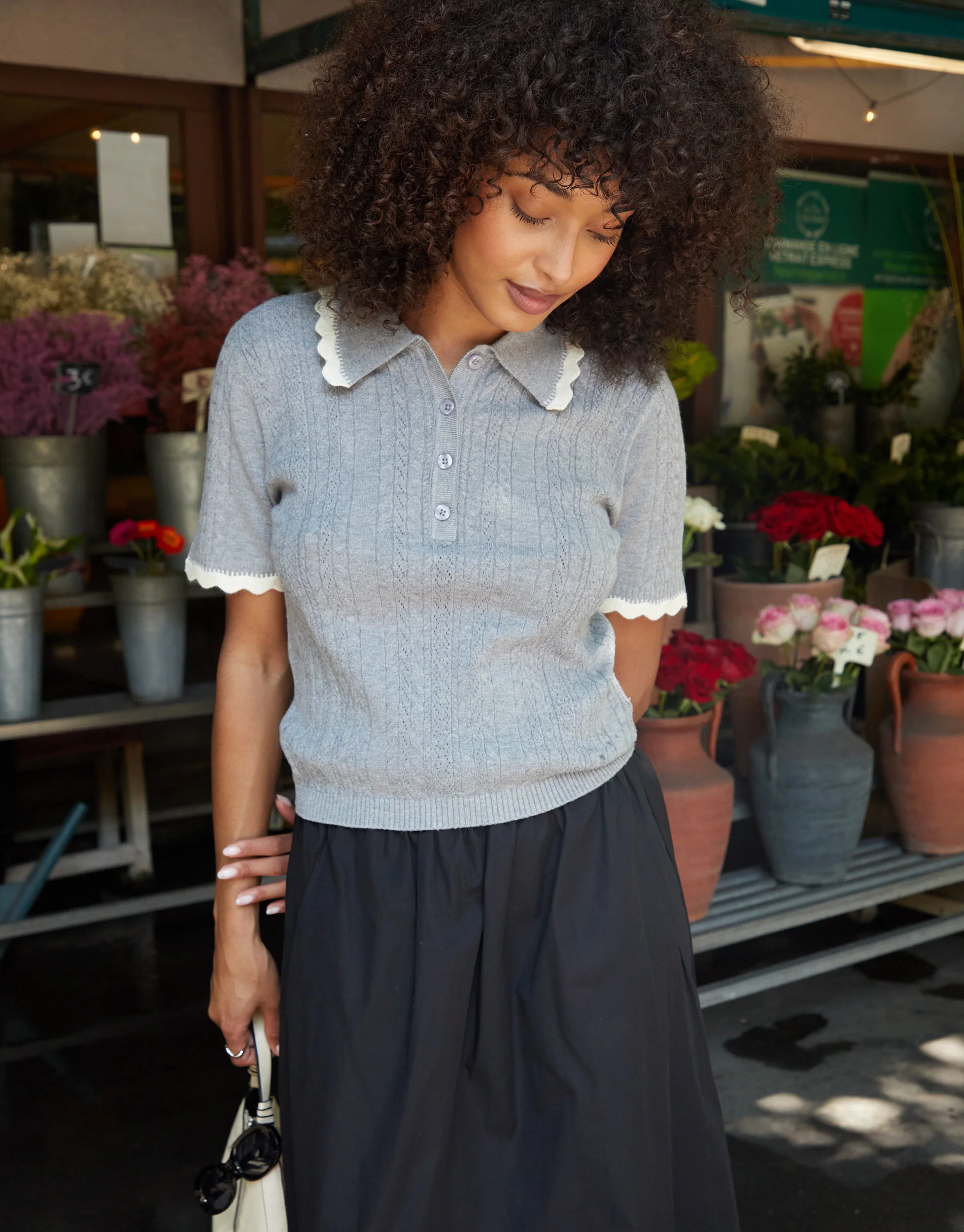 Pointelle Knit Scalloped Polo Collar Top in Grey - Image 4