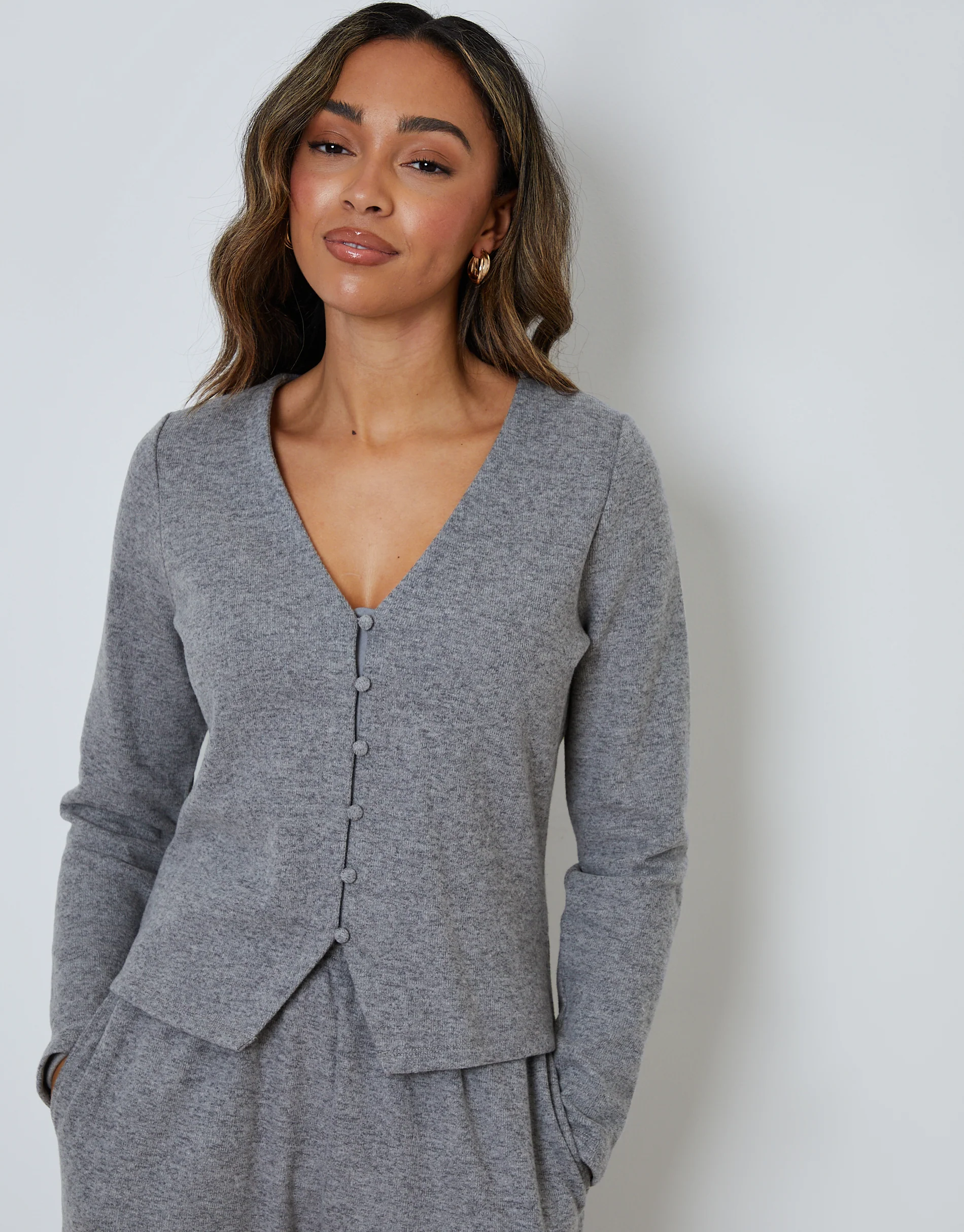 Ribbed V Neck Lounge Cardigan in Grey