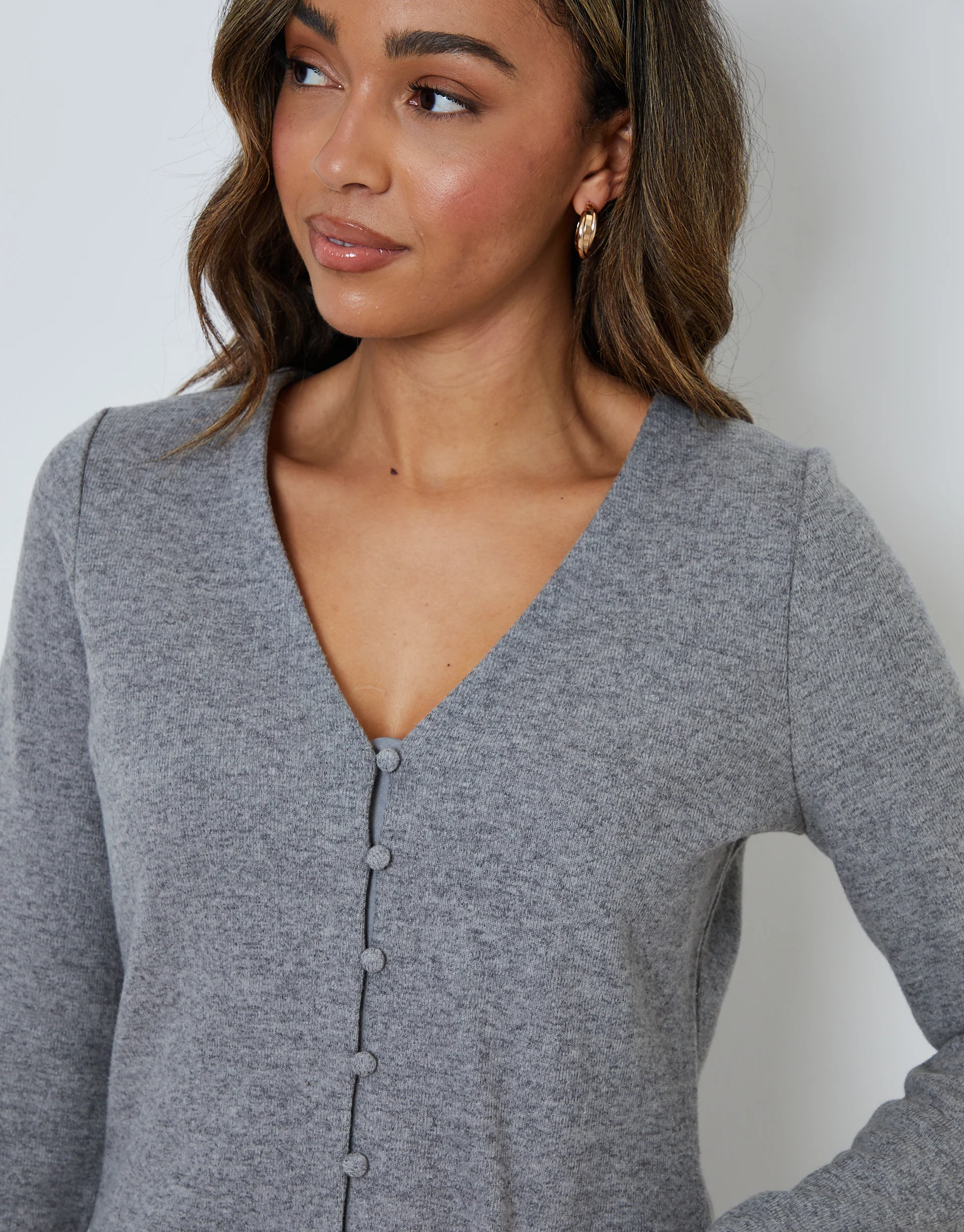 Ribbed V Neck Lounge Cardigan in Grey - Image 2