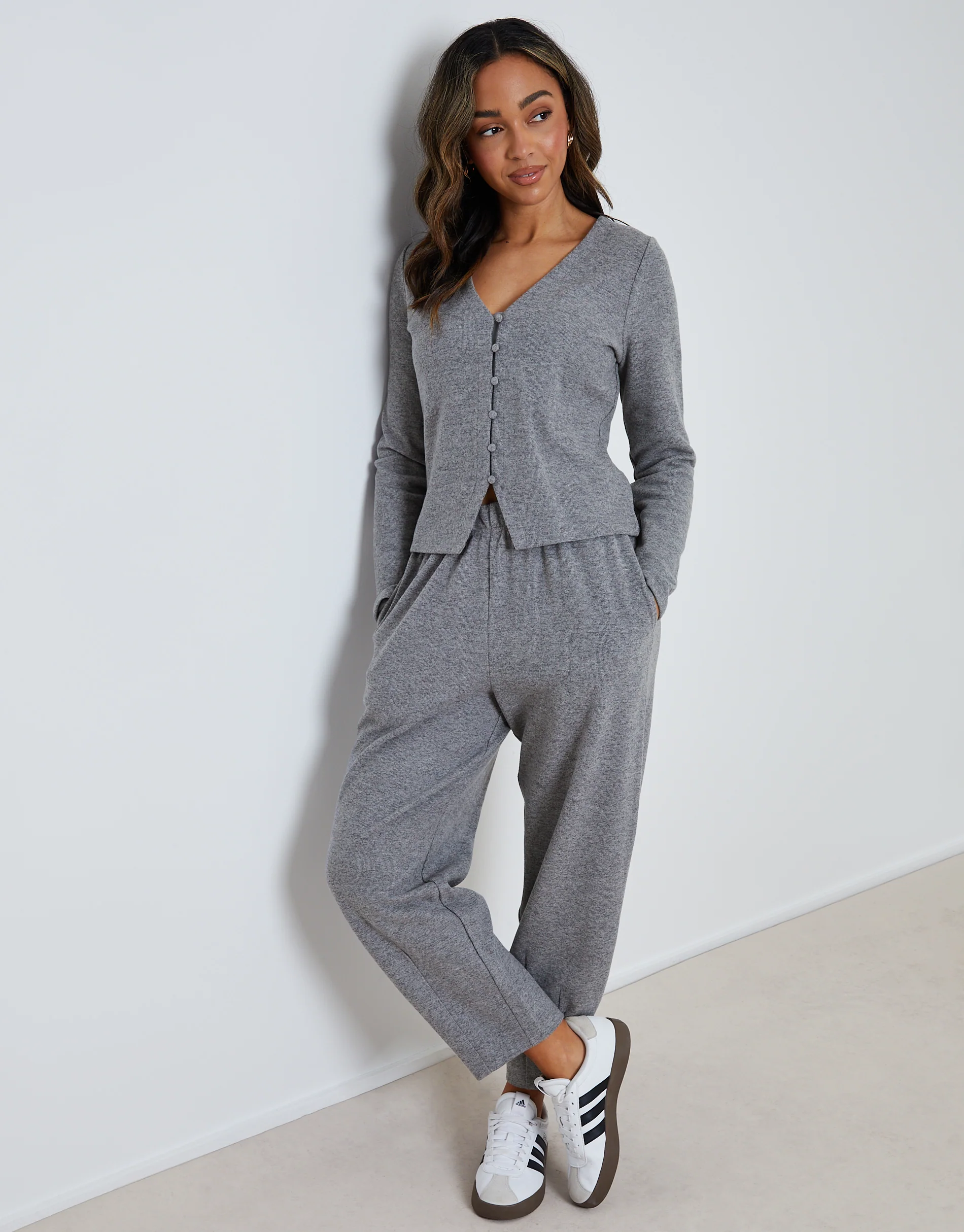 Ribbed V Neck Lounge Cardigan in Grey - Image 3
