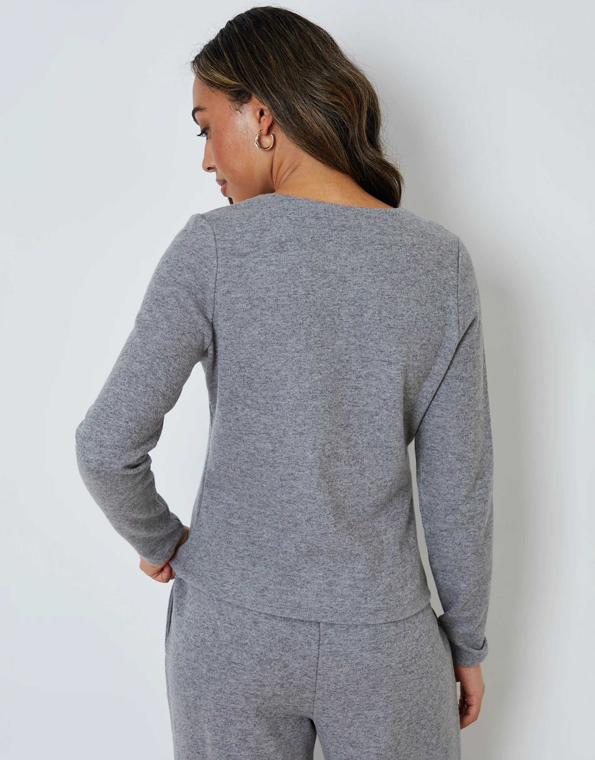 Ribbed V Neck Lounge Cardigan in Grey - Image 4