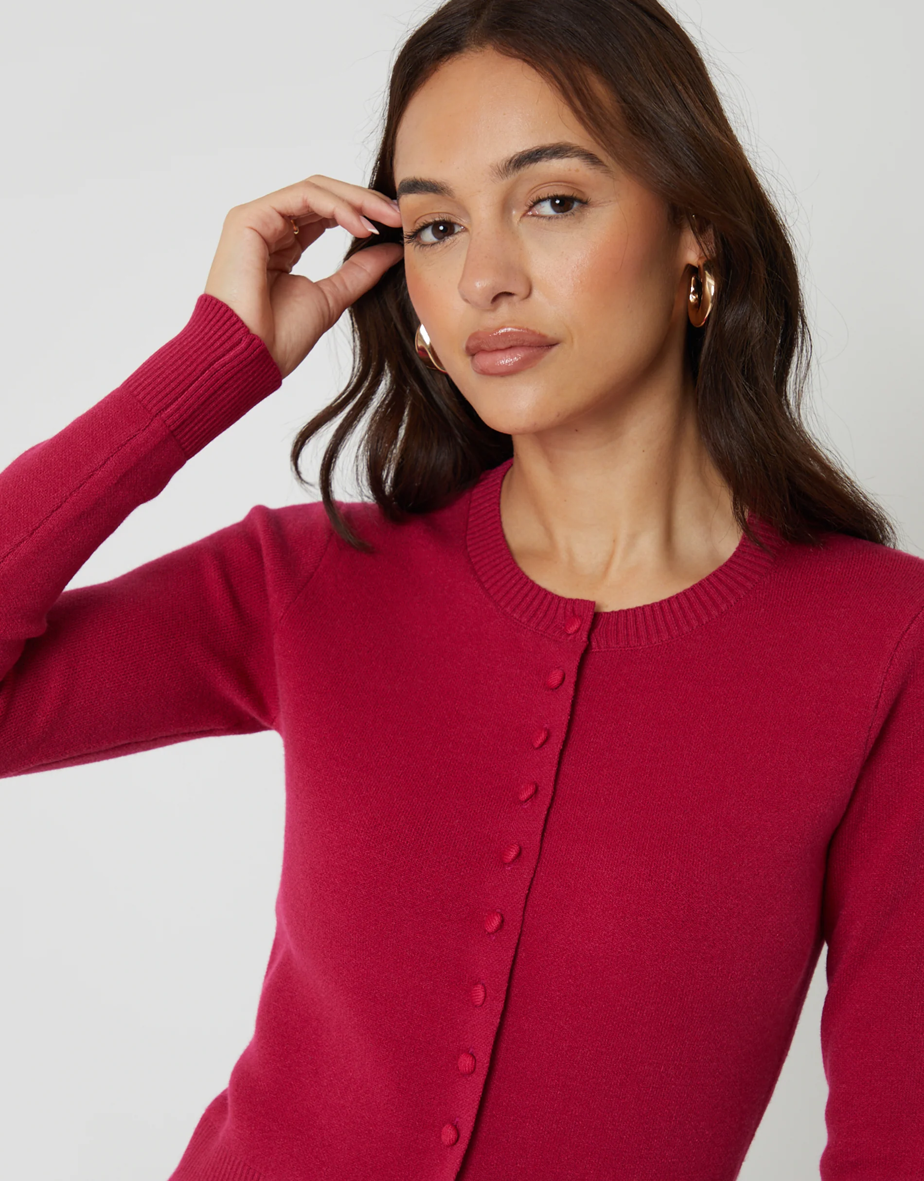 Crew Neck Compact Knitted Cardigan in Hot Pink - Image 4