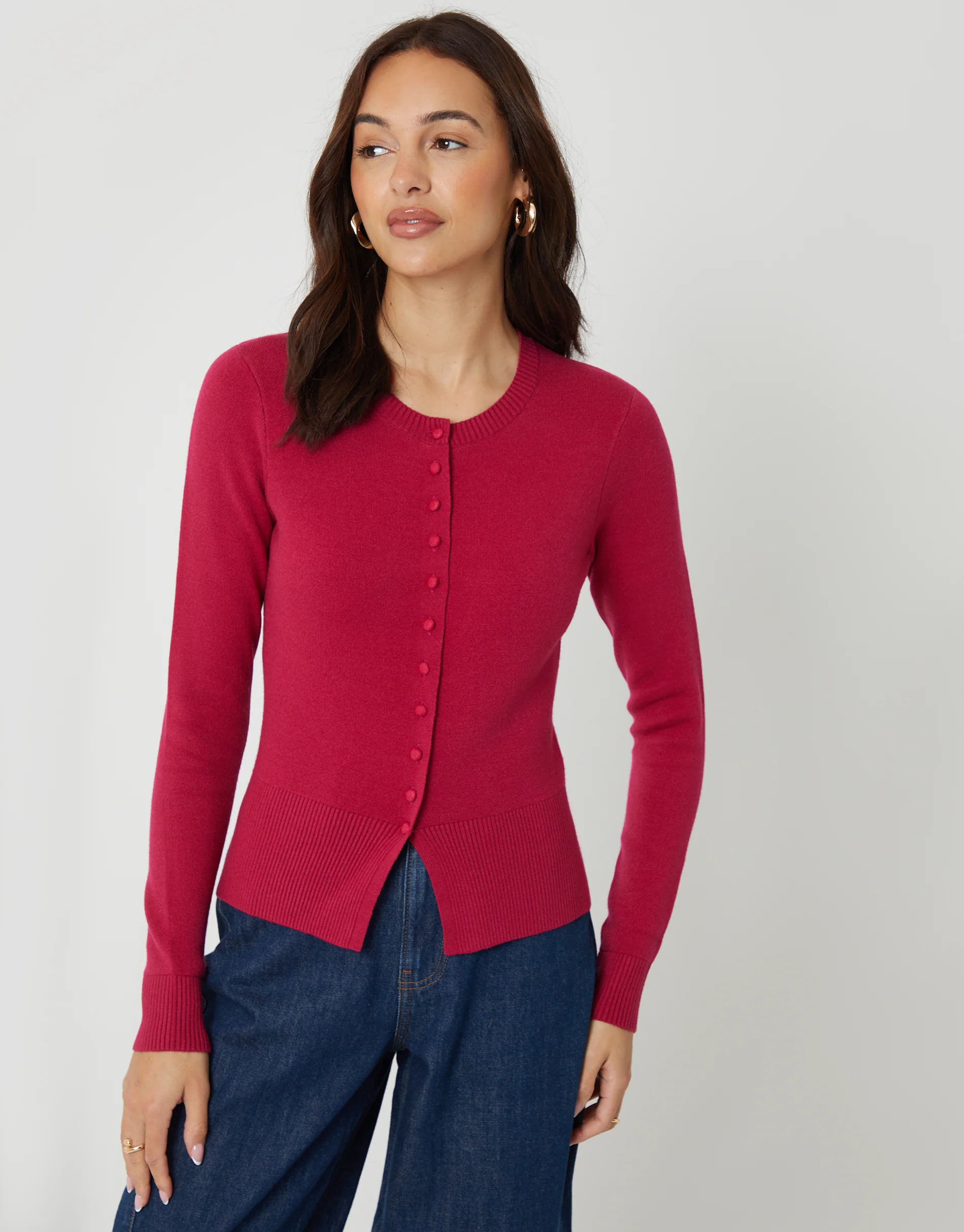 Crew Neck Compact Knitted Cardigan in Hot Pink - Image 5