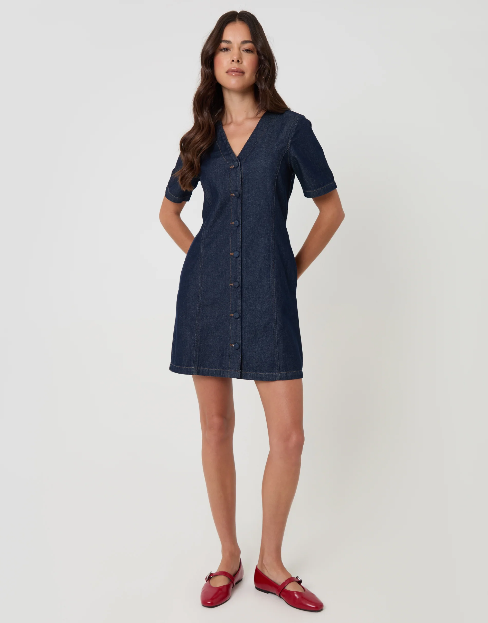 Denim Button Up Mini Dress in Indigo - Image 3