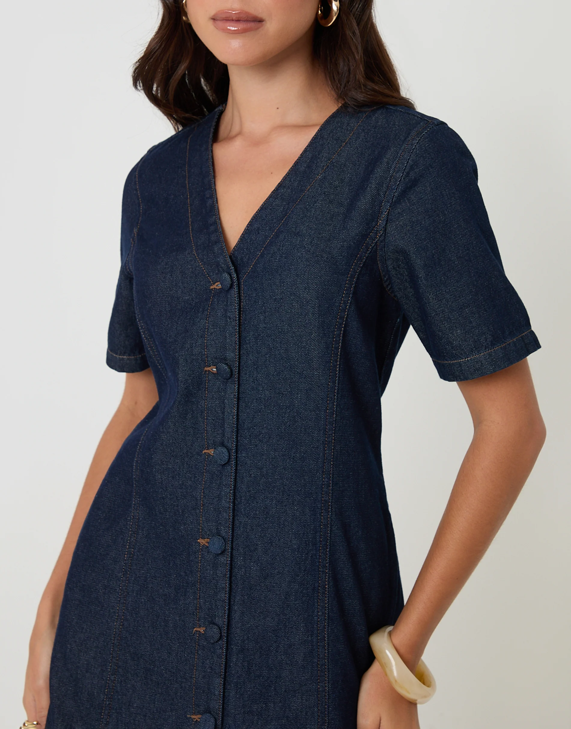 Denim Button Up Mini Dress in Indigo - Image 4