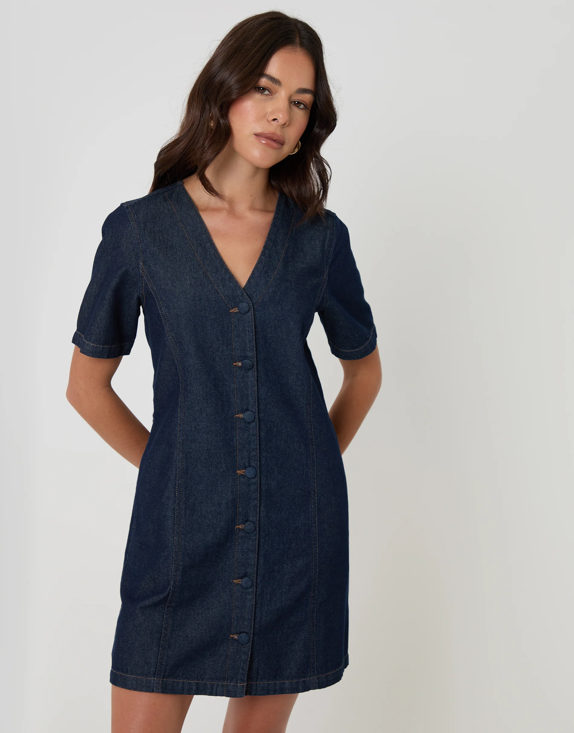 Denim Button Up Mini Dress in Indigo - Image 5