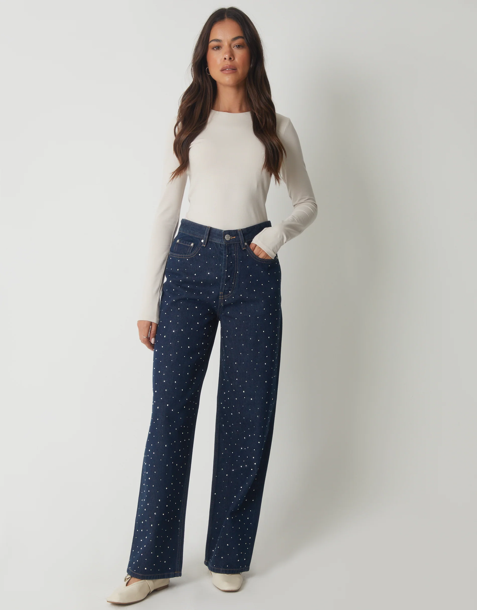 Wide Leg Embellished Baggy Jeans in Indigo Wash