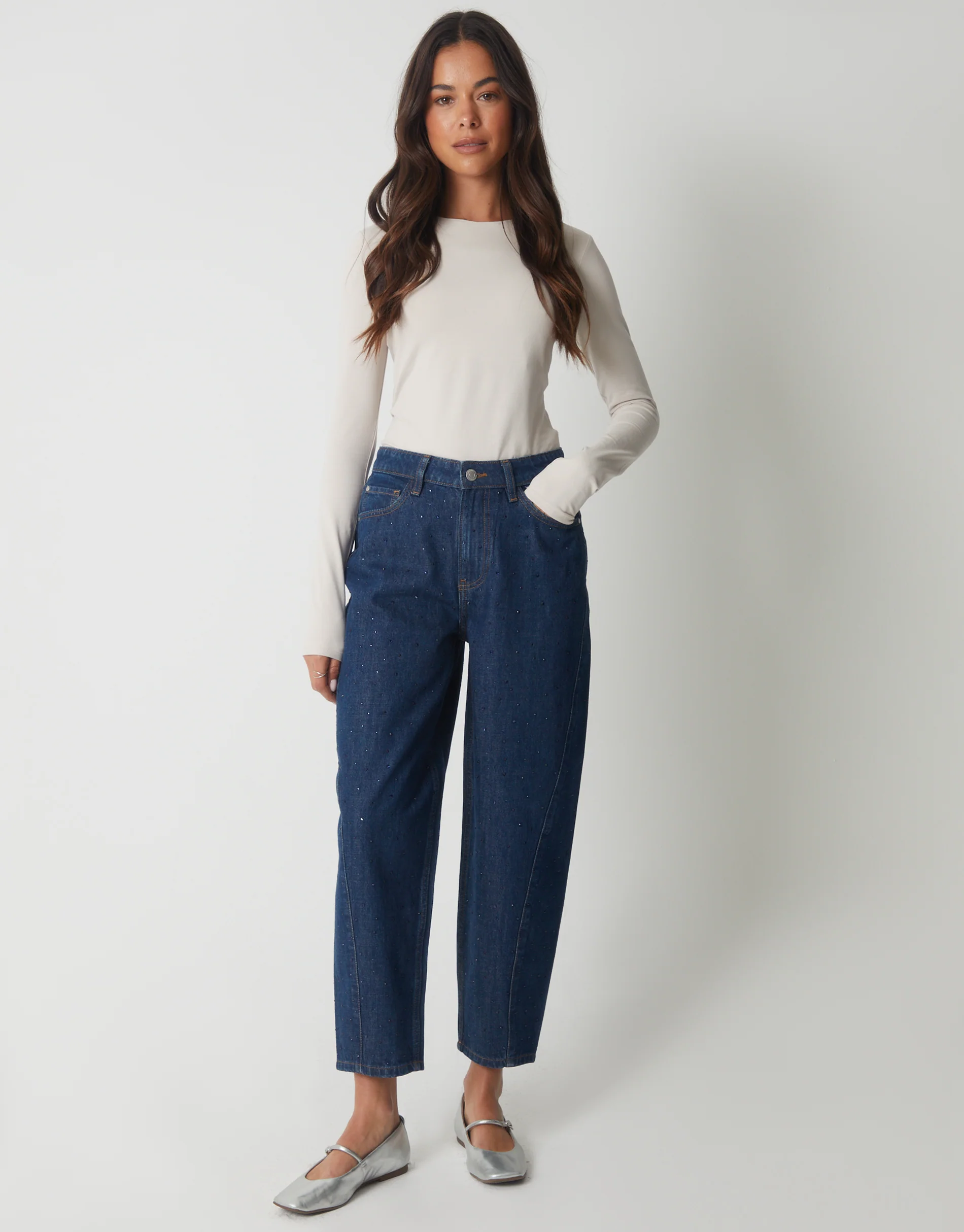 Embellished Barrel Leg Jeans in Indigo Wash - Image 4