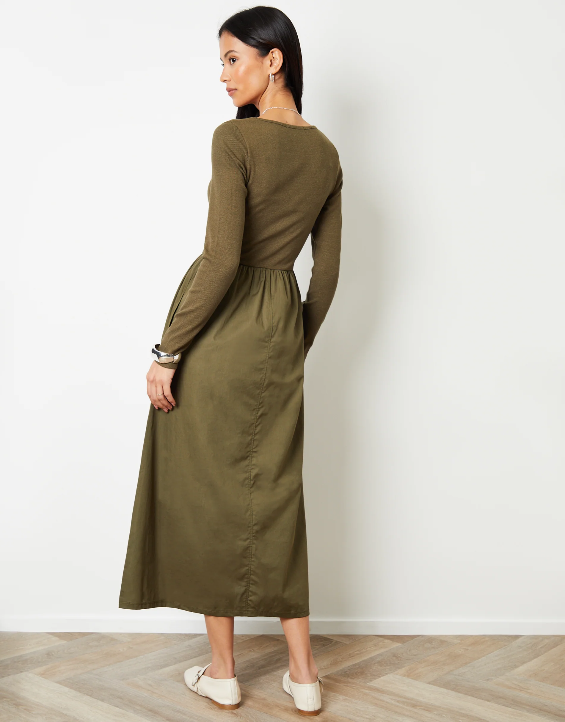 2-in-1 Jersey Poplin Mix Square Neck Long Sleeve Dress in Khaki Green - Image 2