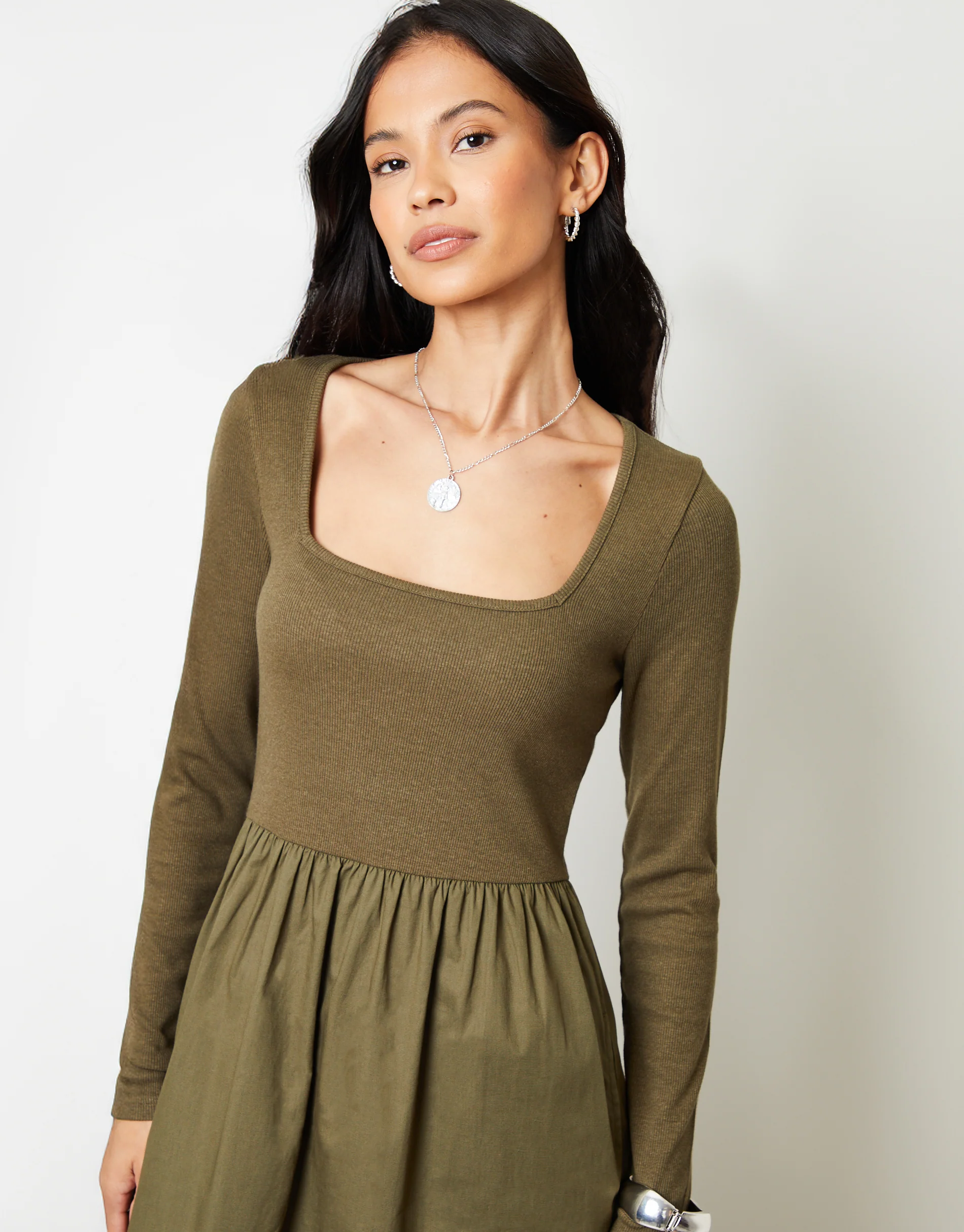 2-in-1 Jersey Poplin Mix Square Neck Long Sleeve Dress in Khaki Green - Image 4