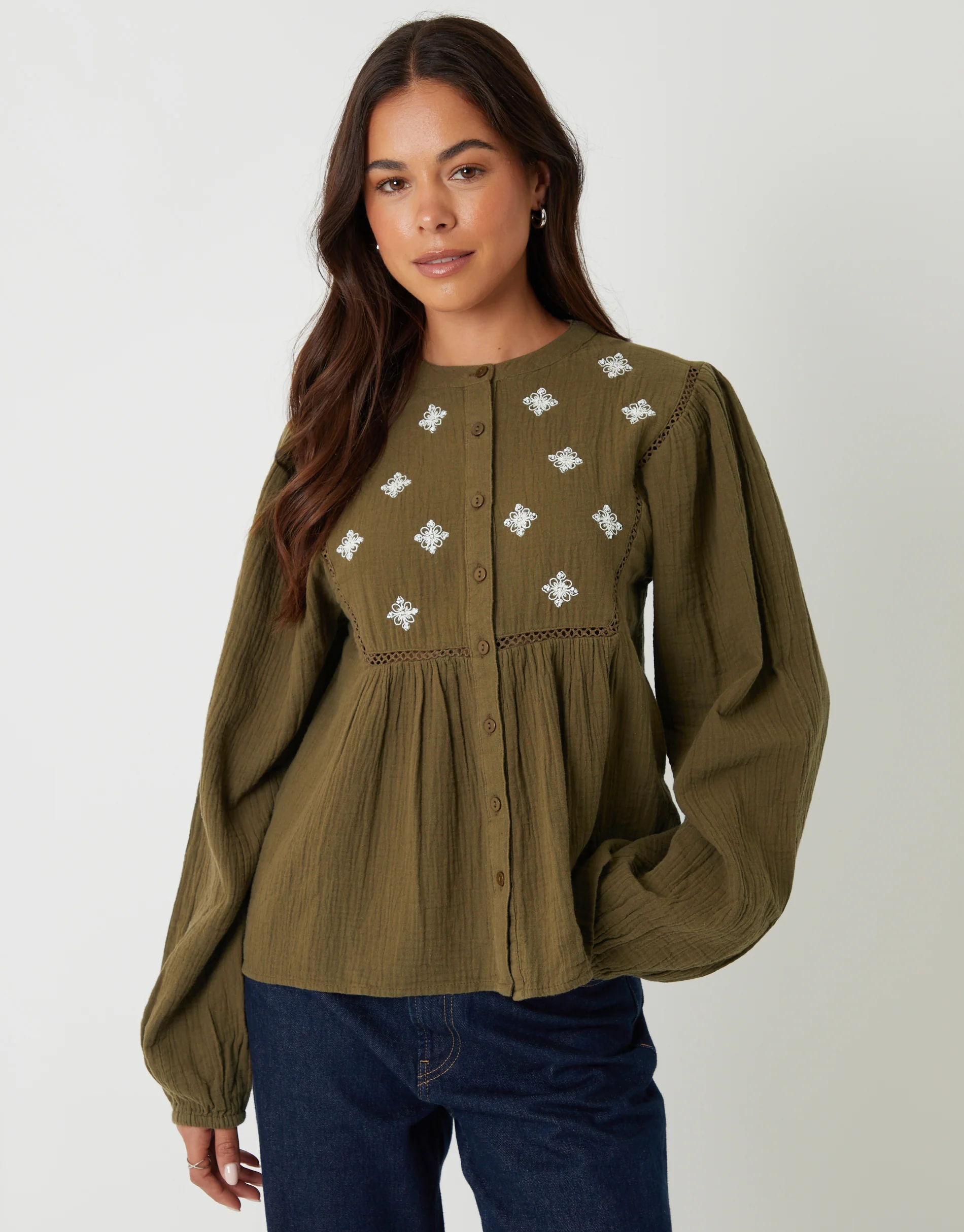 Crinkle Texture Cotton Embroidered Button Up Blouse in Khaki Green
