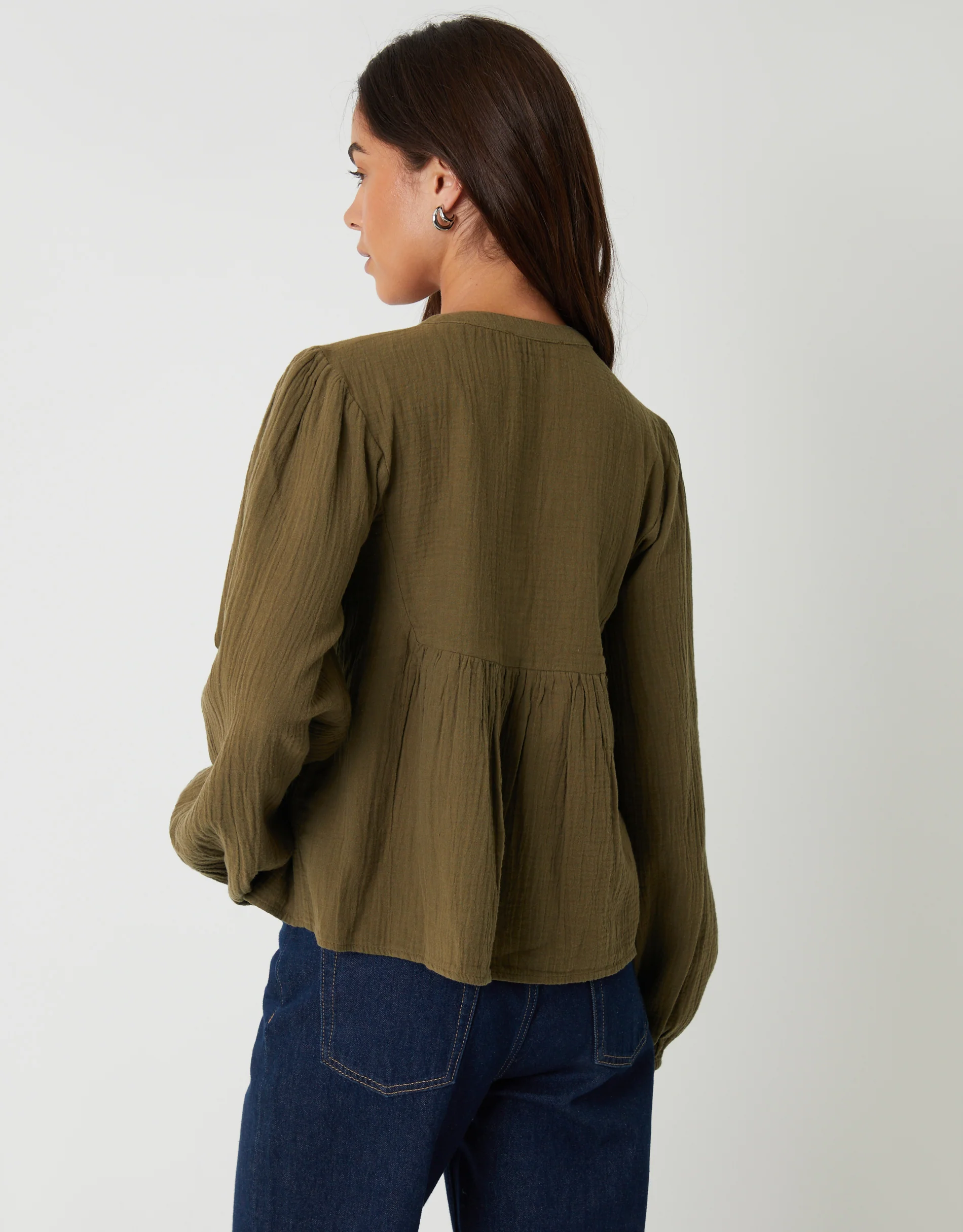 Crinkle Texture Cotton Embroidered Button Up Blouse in Khaki Green - Image 2