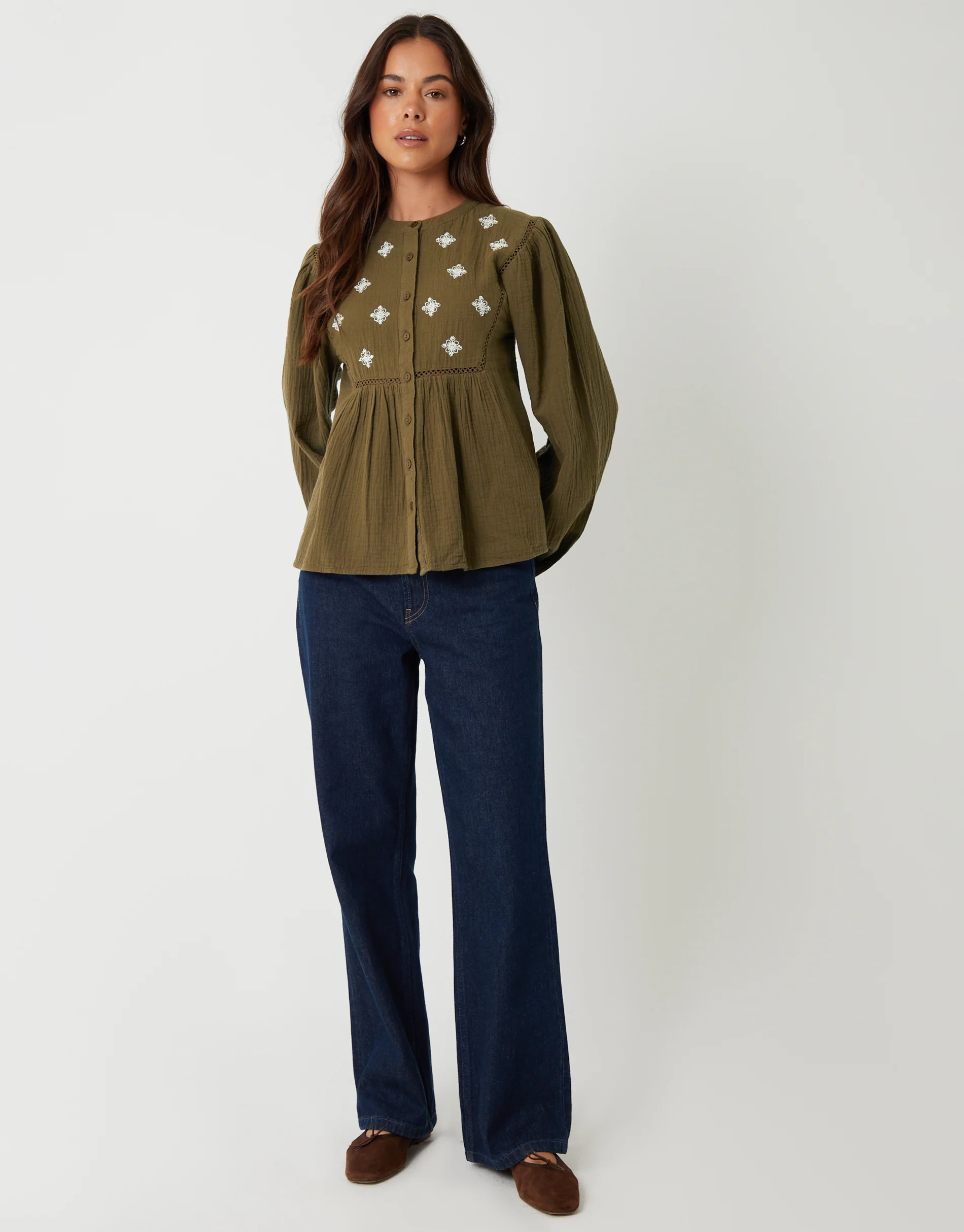 Crinkle Texture Cotton Embroidered Button Up Blouse in Khaki Green - Image 3