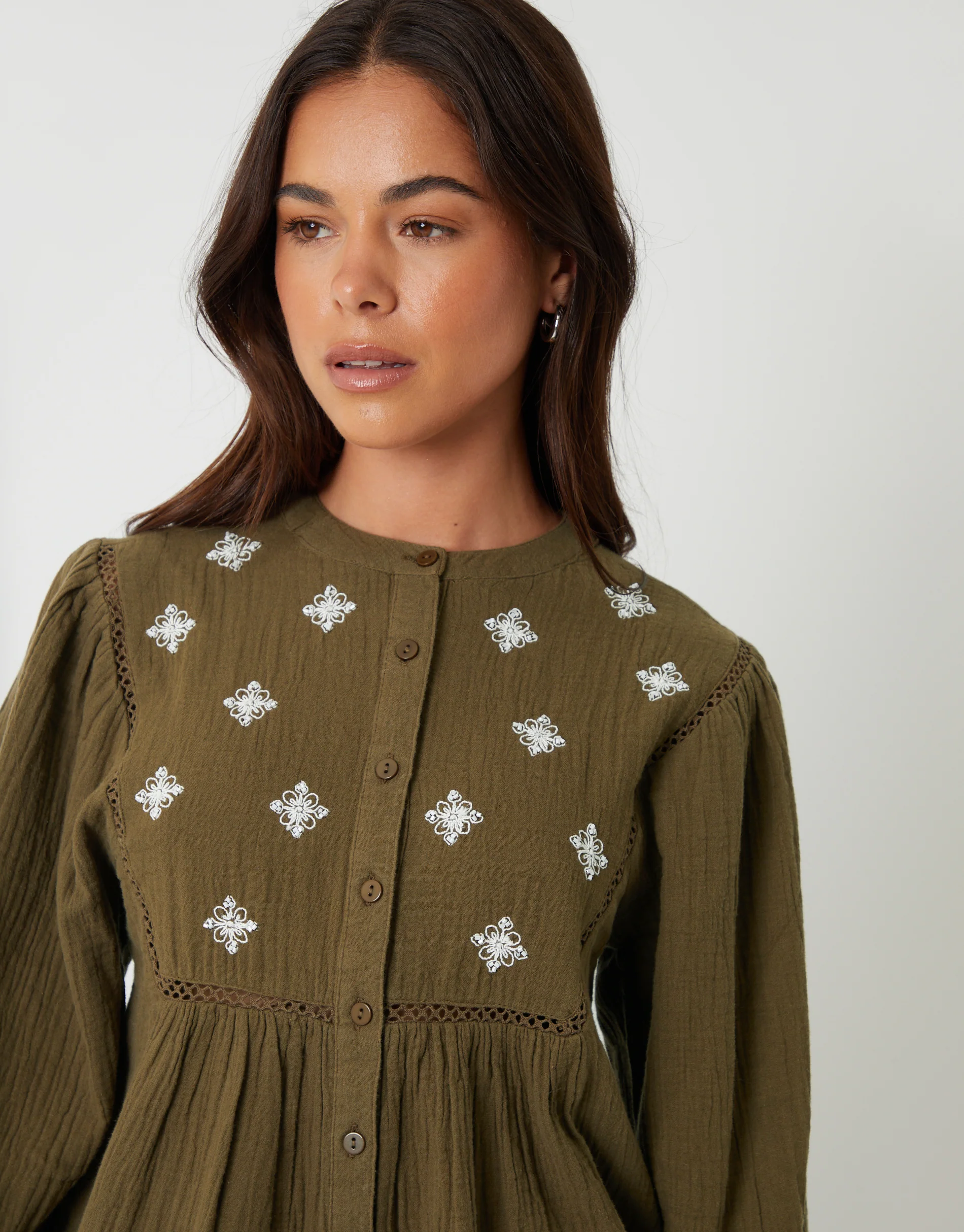 Crinkle Texture Cotton Embroidered Button Up Blouse in Khaki Green - Image 4