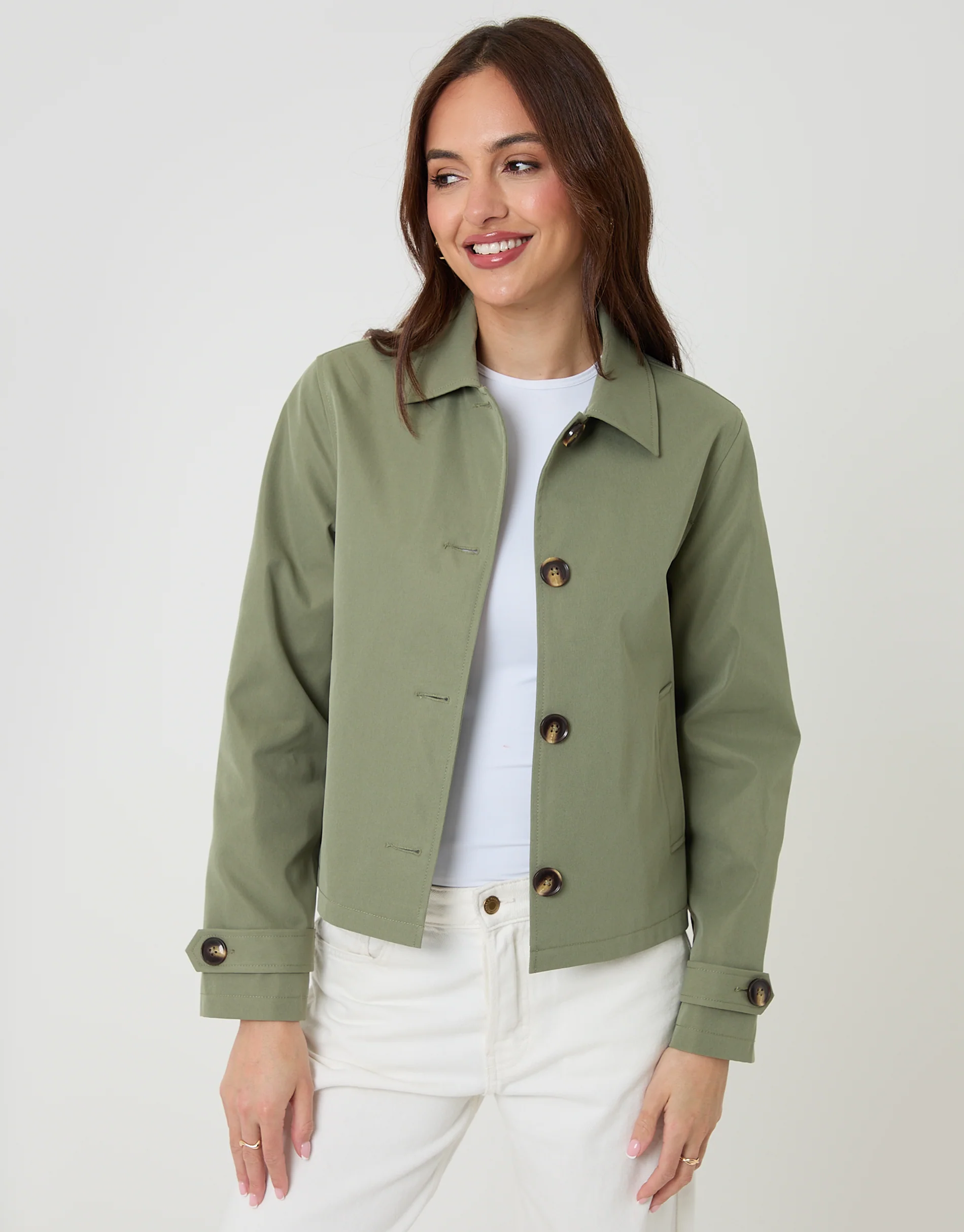 Cropped Collared Trench Coat in Khaki Green - Image 6