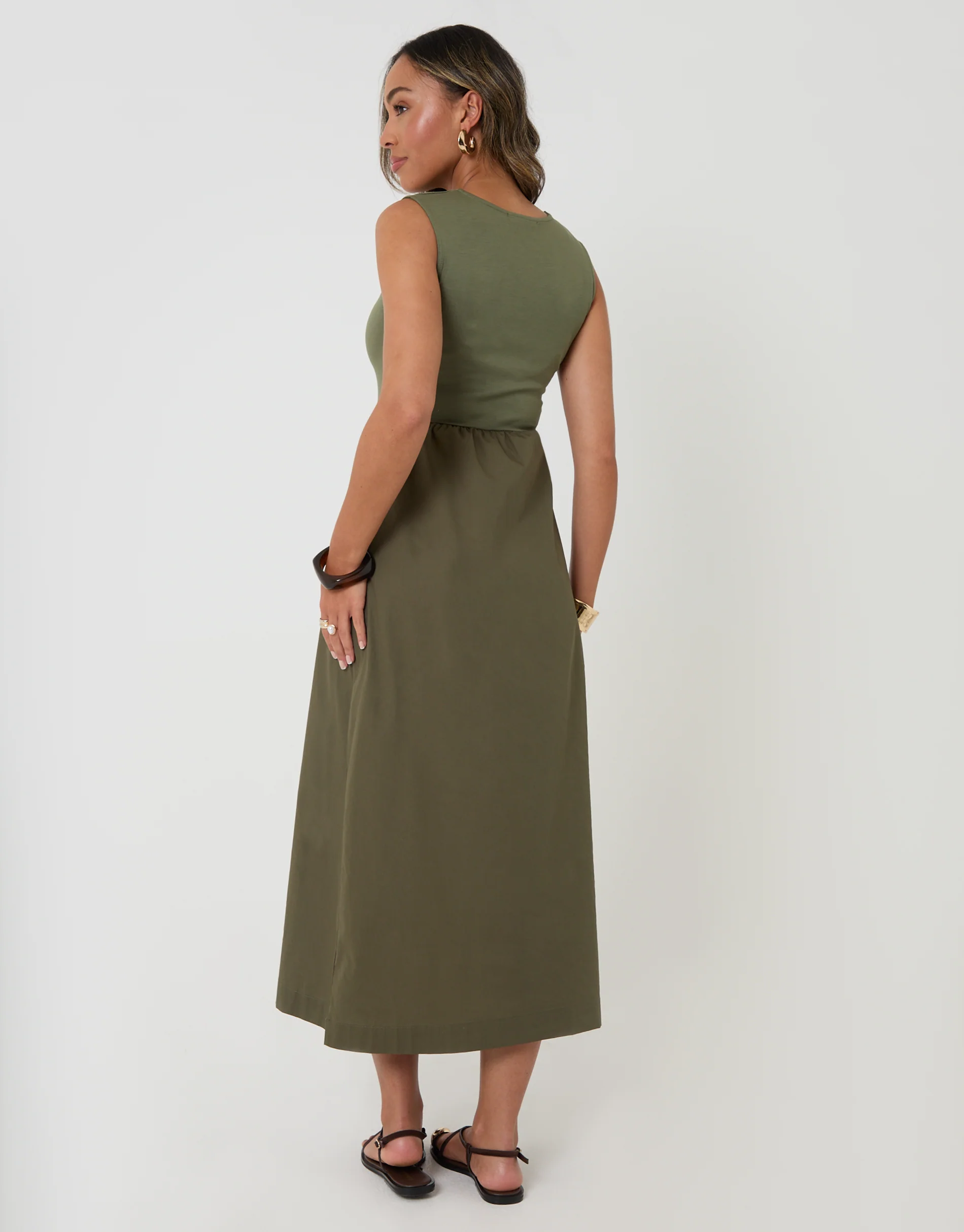 Twist Detail 2-in-1 Midi Dress with Poplin Skirt in Khaki Green - Image 2