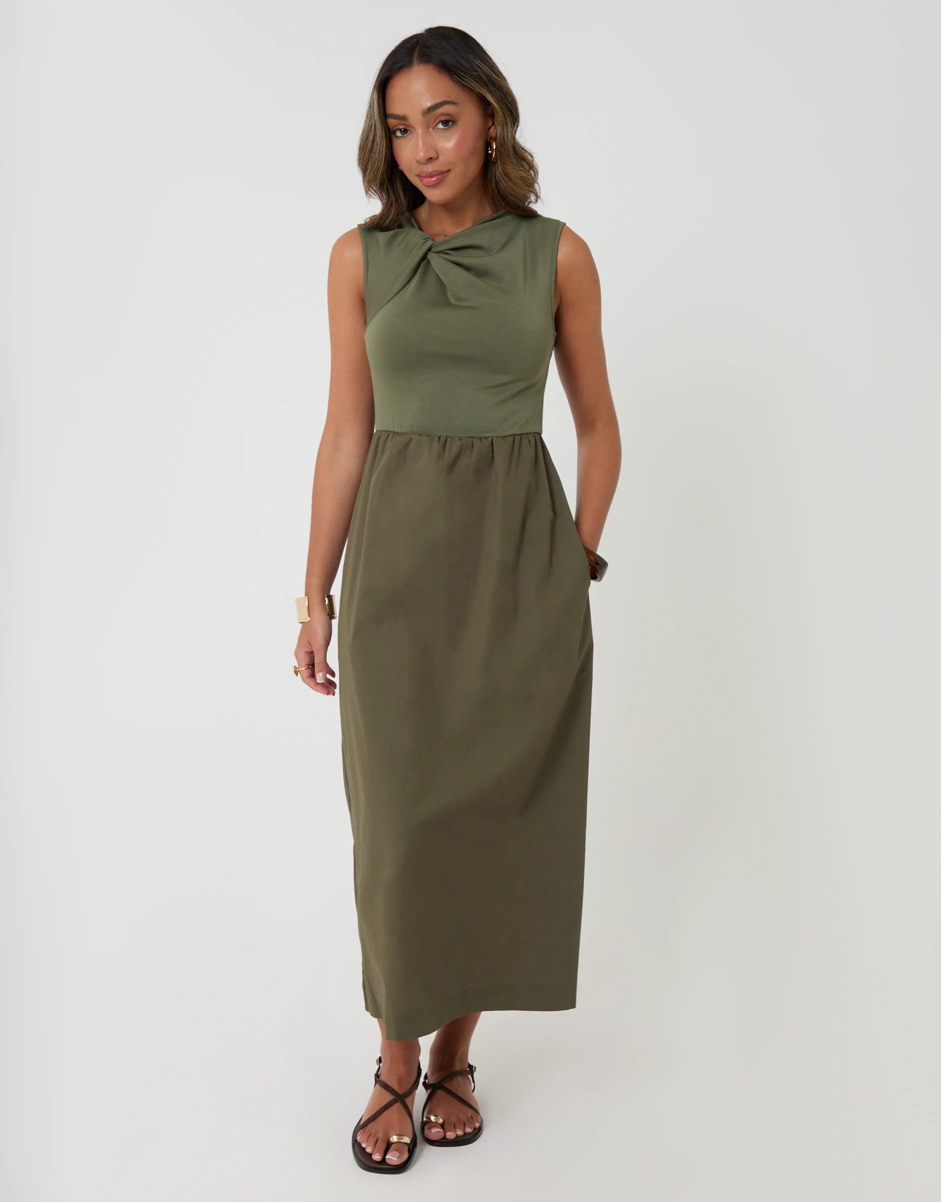 Twist Detail 2-in-1 Midi Dress with Poplin Skirt in Khaki Green - Image 4
