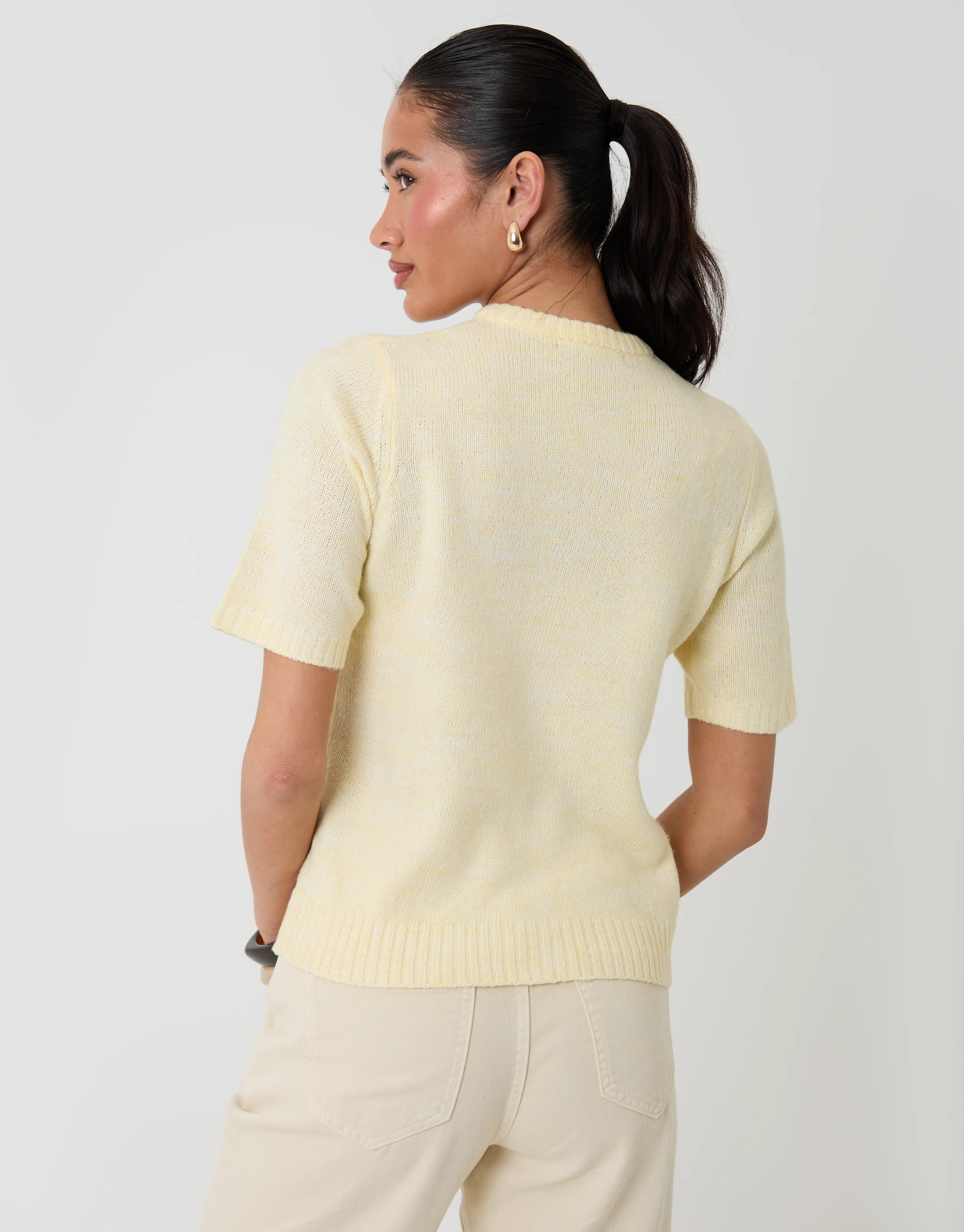 Crew Neck Short Sleeve Knitted Cardigan in Lemon Yellow - Image 2