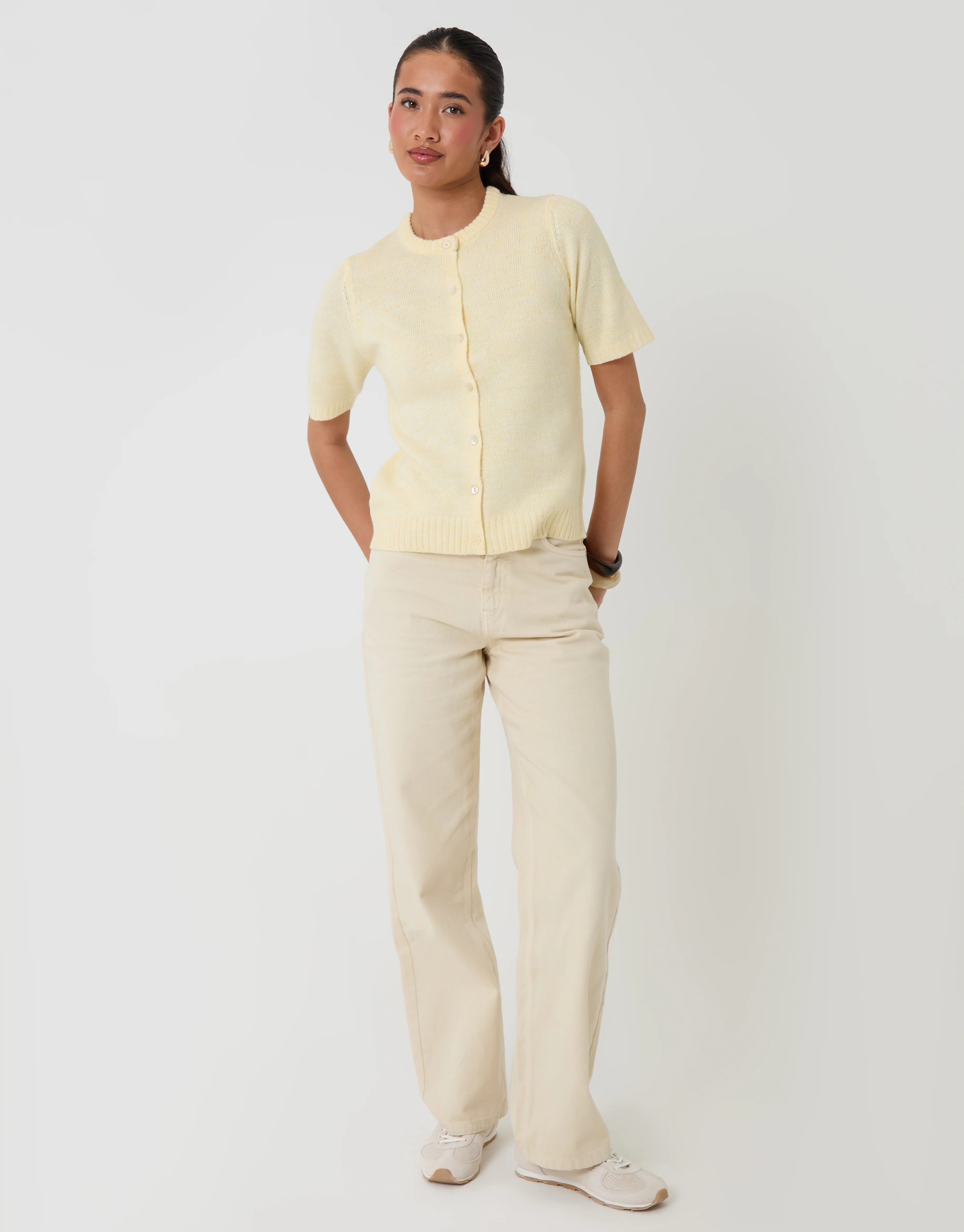 Crew Neck Short Sleeve Knitted Cardigan in Lemon Yellow - Image 3