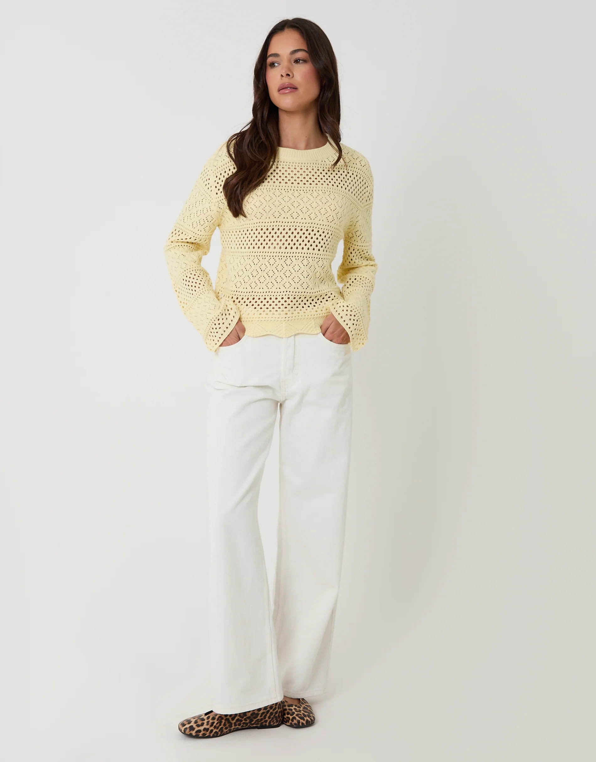 Long Sleeve Pointelle Crochet Knit Jumper in Lemon Yellow - Image 3