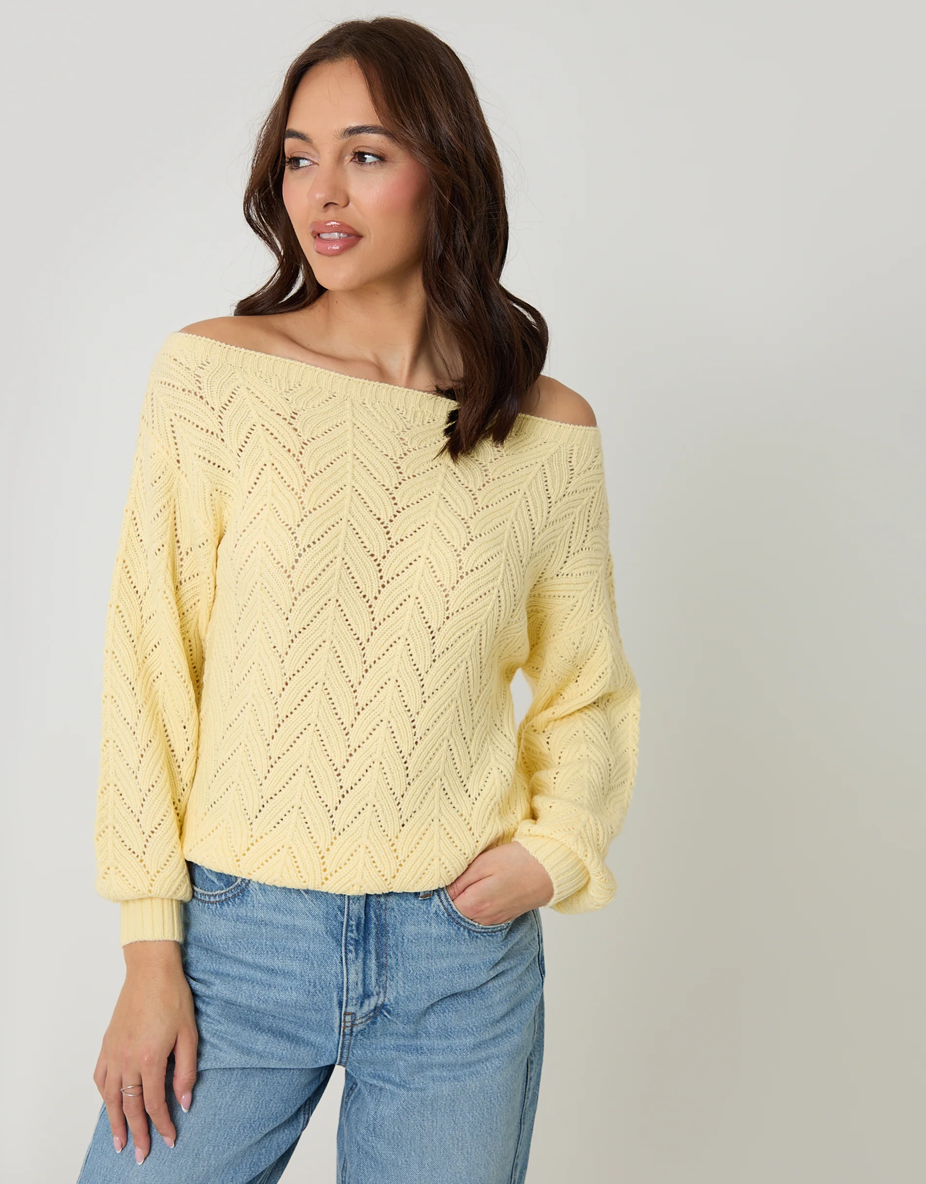 Pointelle Knit Slash Neck Jumper in Lemon Yellow - Image 4