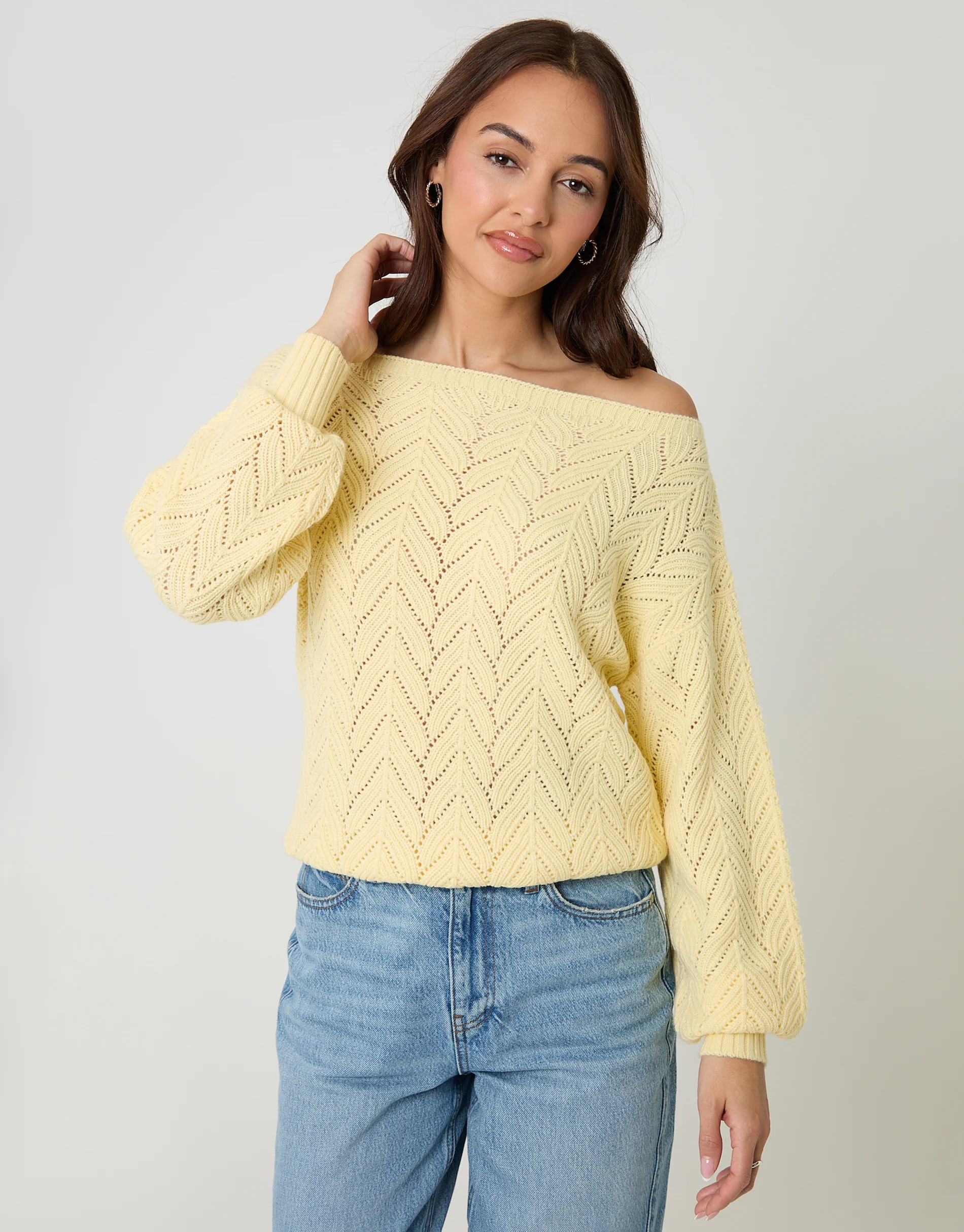 Pointelle Knit Slash Neck Jumper in Lemon Yellow - Image 6