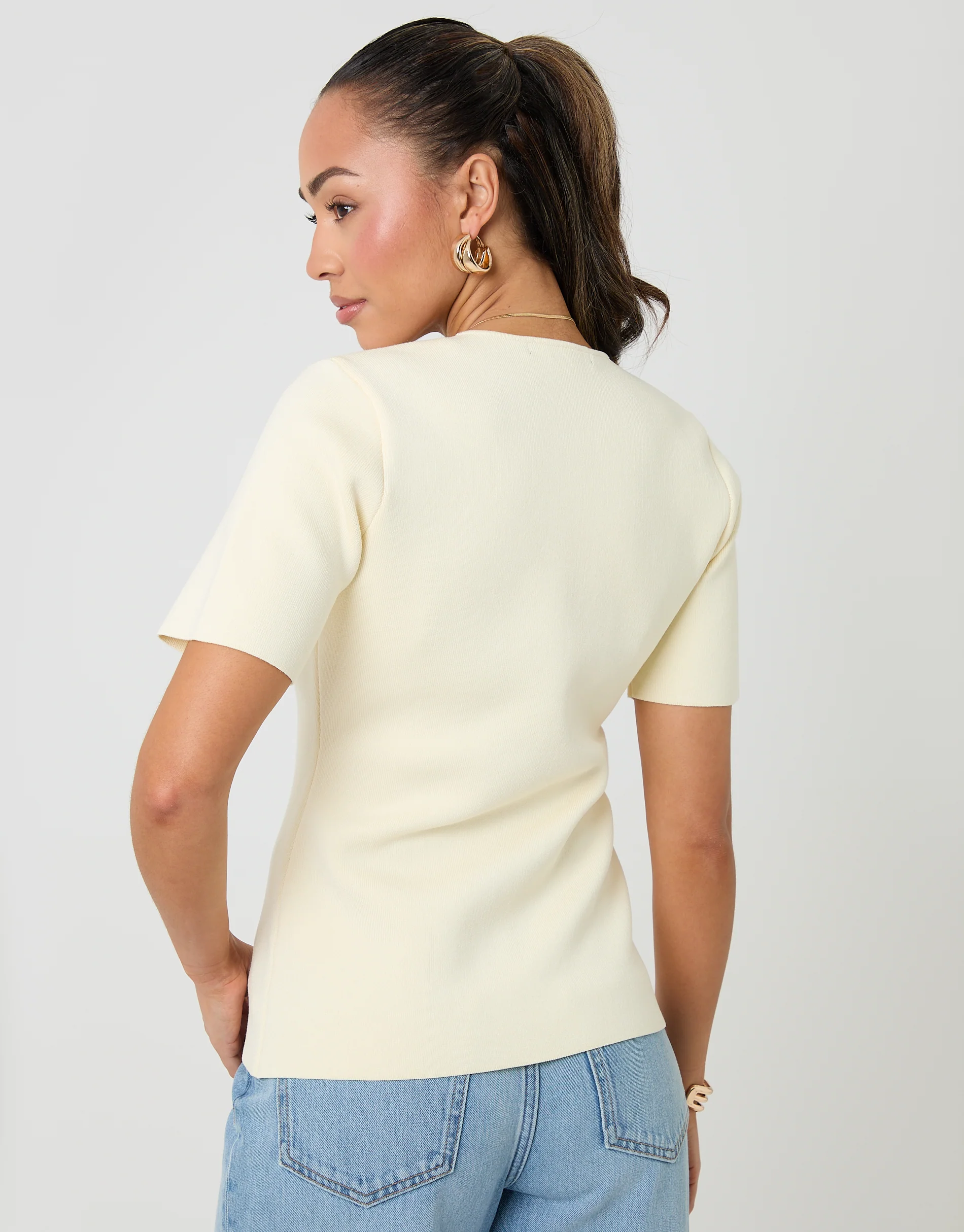 V-Neck Compact Knitted Top in Lemon Yellow - Image 2